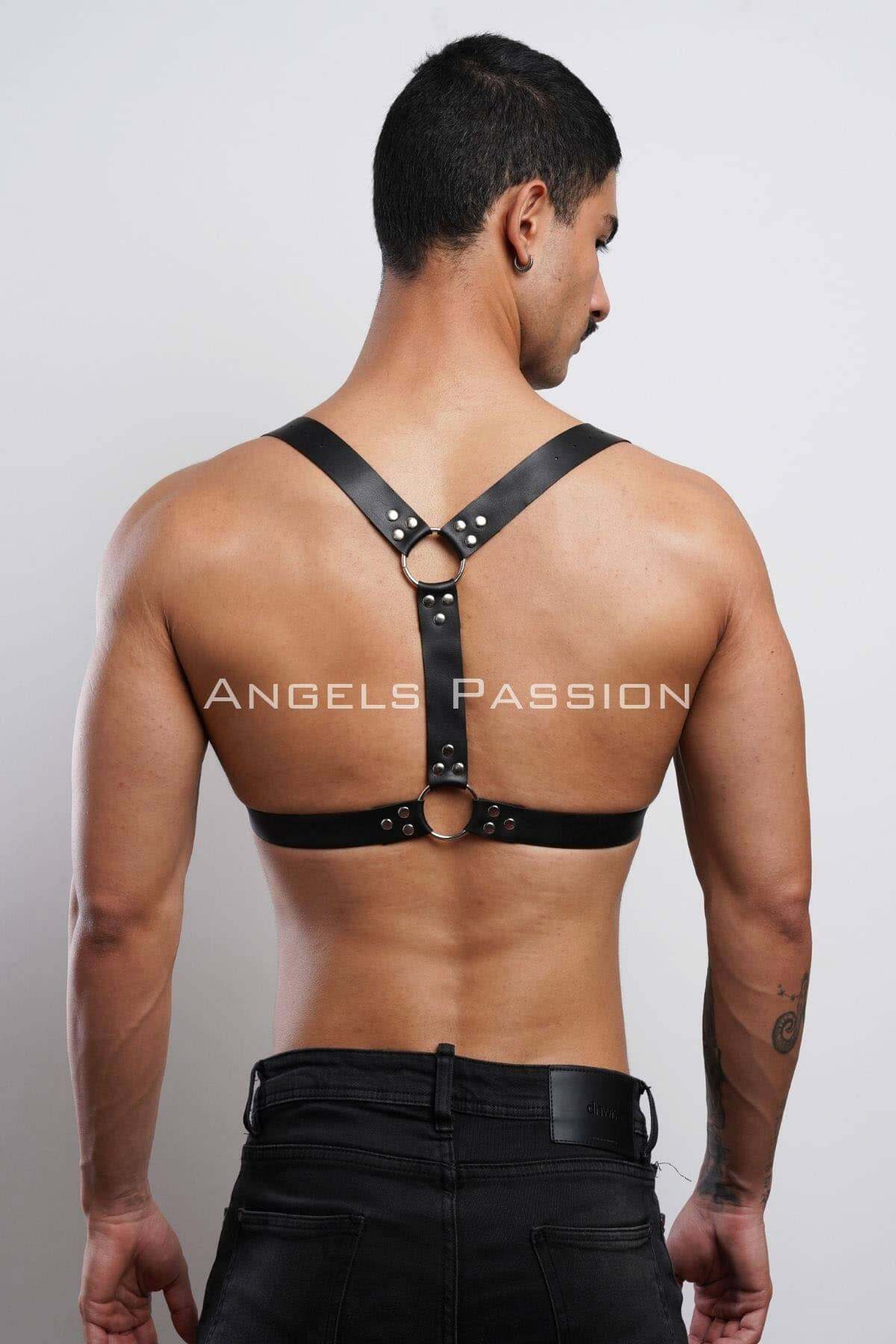 CLZ41 D Halka Detaylı Şık Erkek Göğüs Harness, Erkek Deri T-Shirt Aksesuar - Ürün Rengi:Siyah