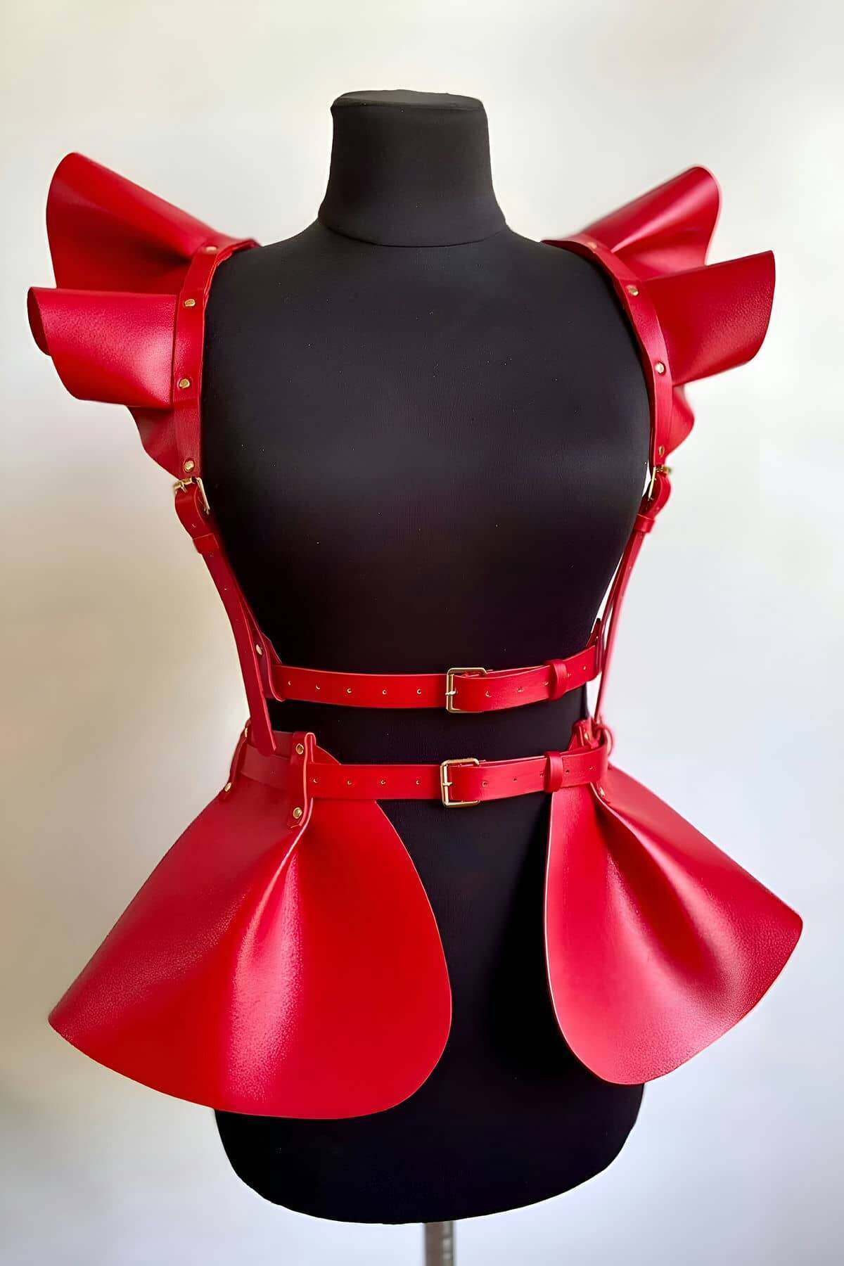 CLZ41 Deri Elbise Harness, Şık Mini Deri Elbise, Prenses Deri Elbise - Ürün Rengi:Kırmızı