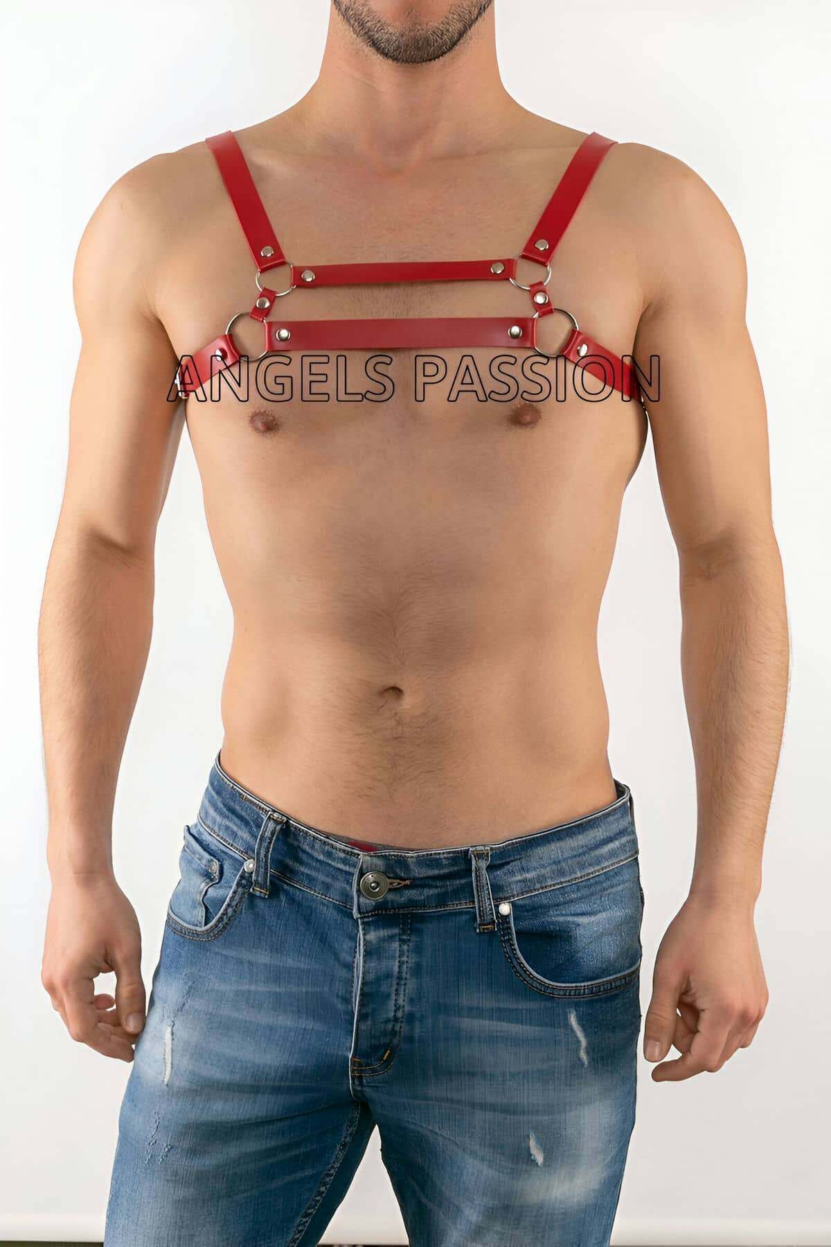 CLZ41 Deri Erkek Fantazi Giyim, Seksi Deri Erkek Harness - Ürün Rengi:Kırmızı