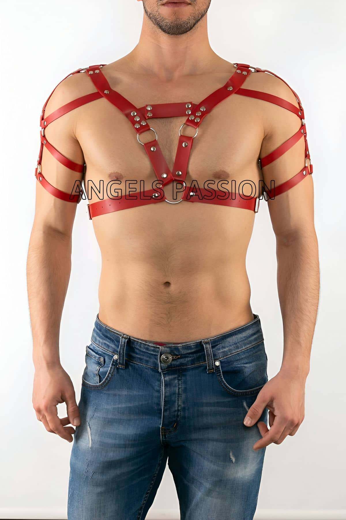 CLZ41 Deri Erkek Göğüs, Omuz Harness, Erkek Dansçı Giyim - Ürün Rengi:Kırmızı