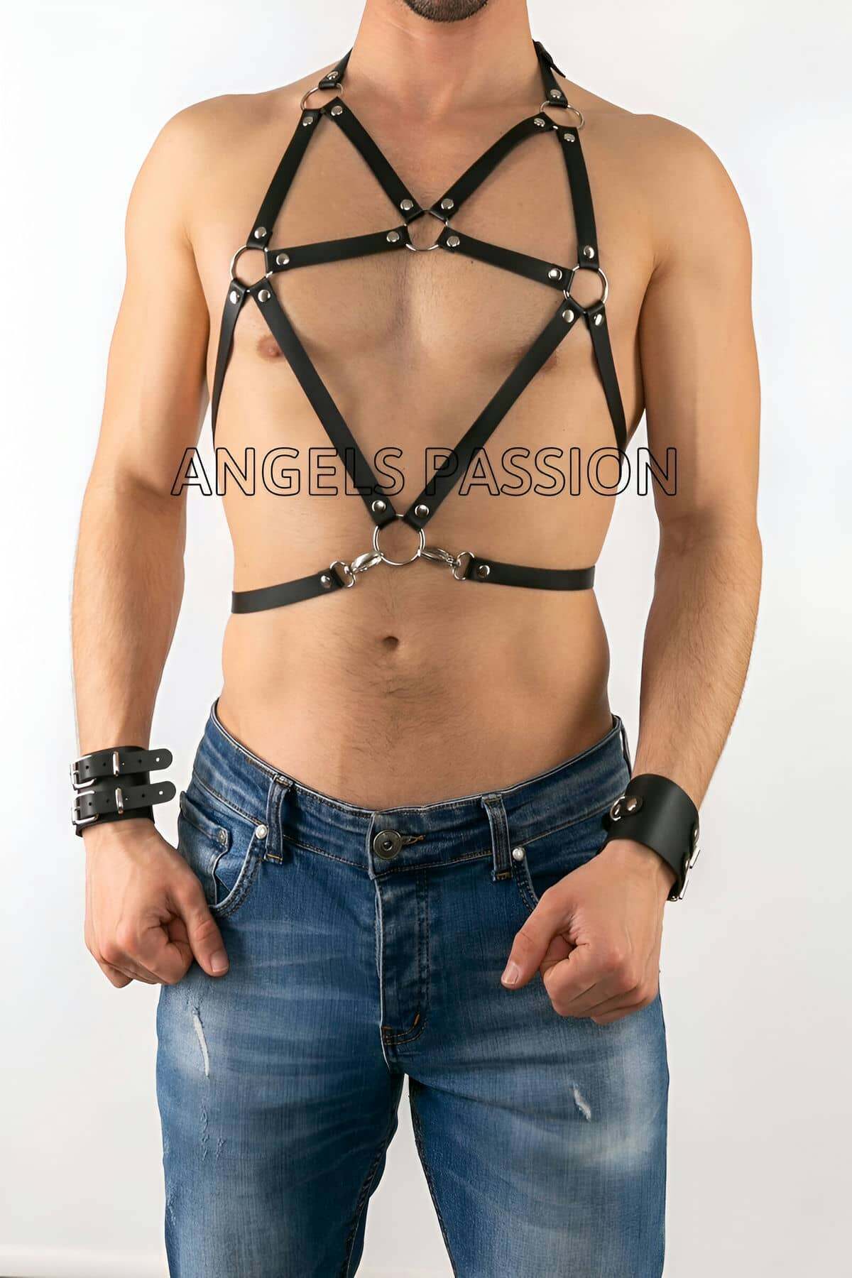 CLZ41 Deri Erkek Göğüs Üzeri Harness - Ürün Rengi:Siyah