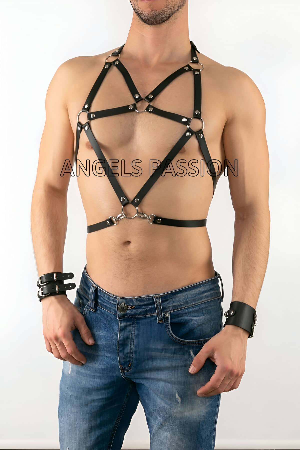 CLZ41 Deri Erkek Göğüs Üzeri Harness - Ürün Rengi:Siyah