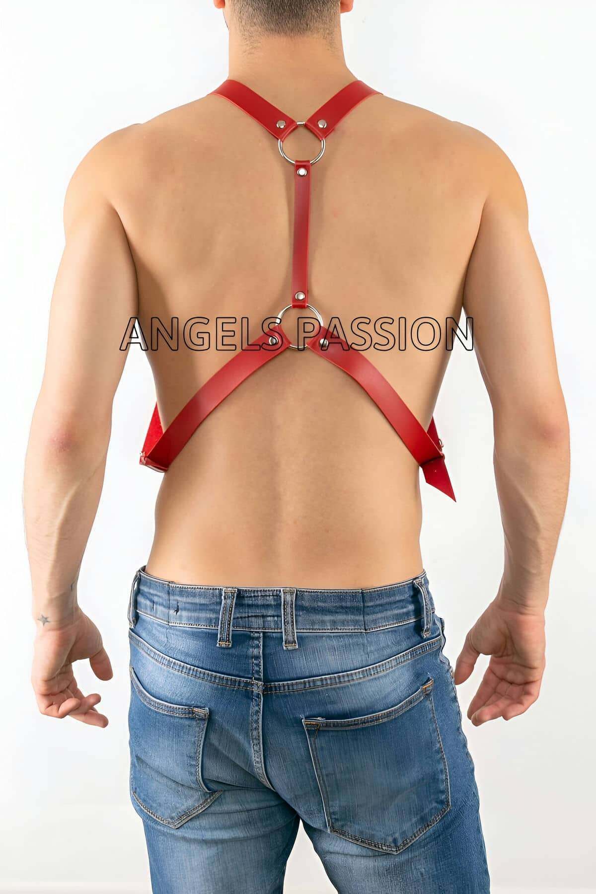 CLZ41 Deri Erkek Harness Pantolon Aksesuar, Göğüs Erkek Harness - Ürün Rengi:Kırmızı