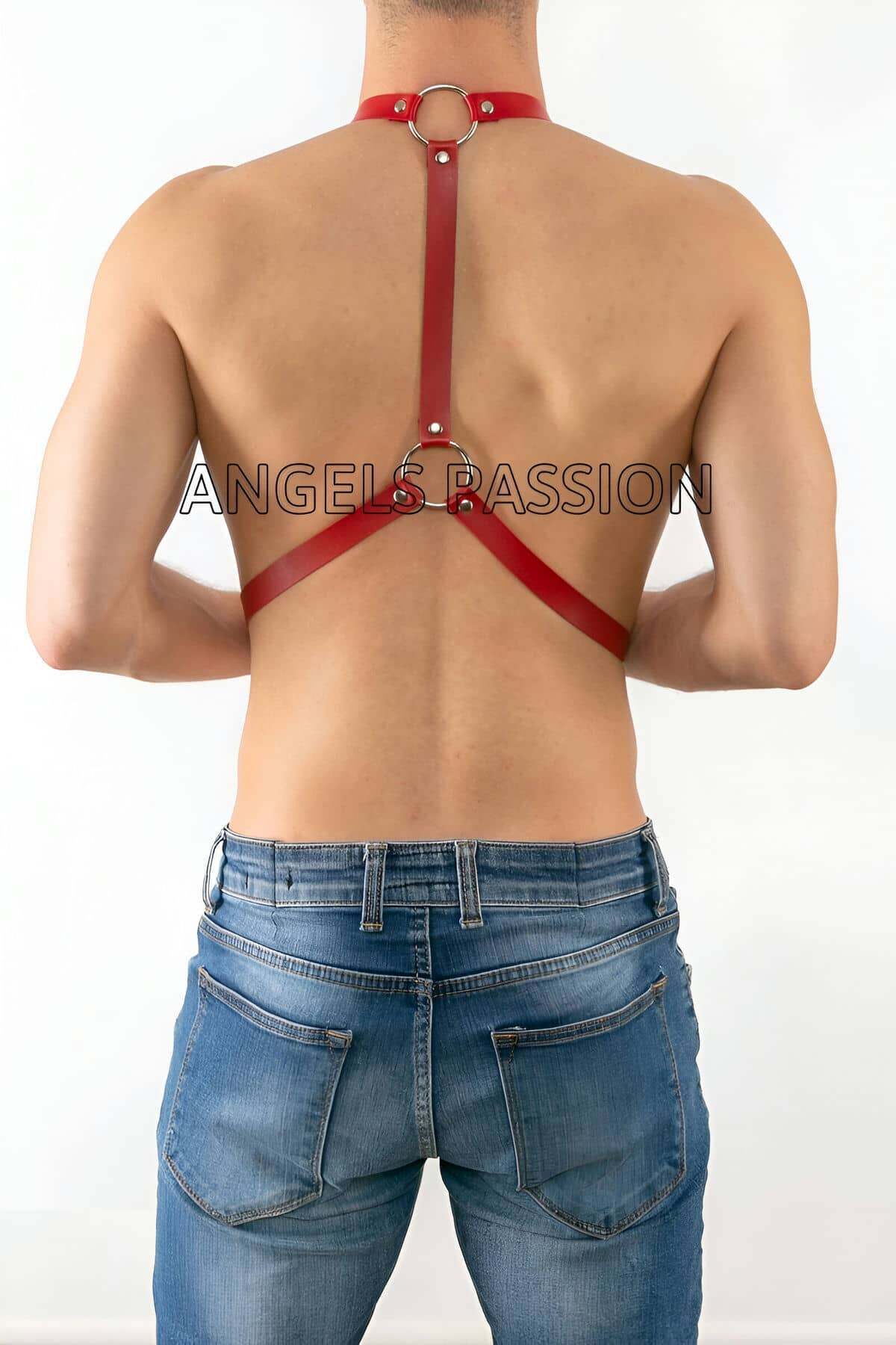 CLZ41 Deri Erkek Pantalon Aksesuar, Deri Erkek Harness - Ürün Rengi:Kırmızı
