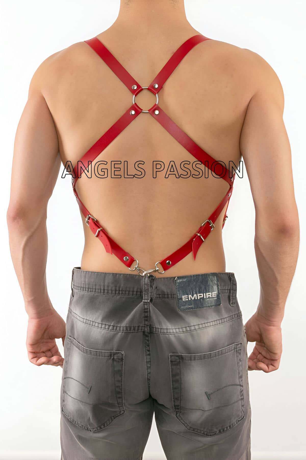 CLZ41 Deri Pantalona Bağlanan Seksi Erkek Harness - Ürün Rengi:Kırmızı