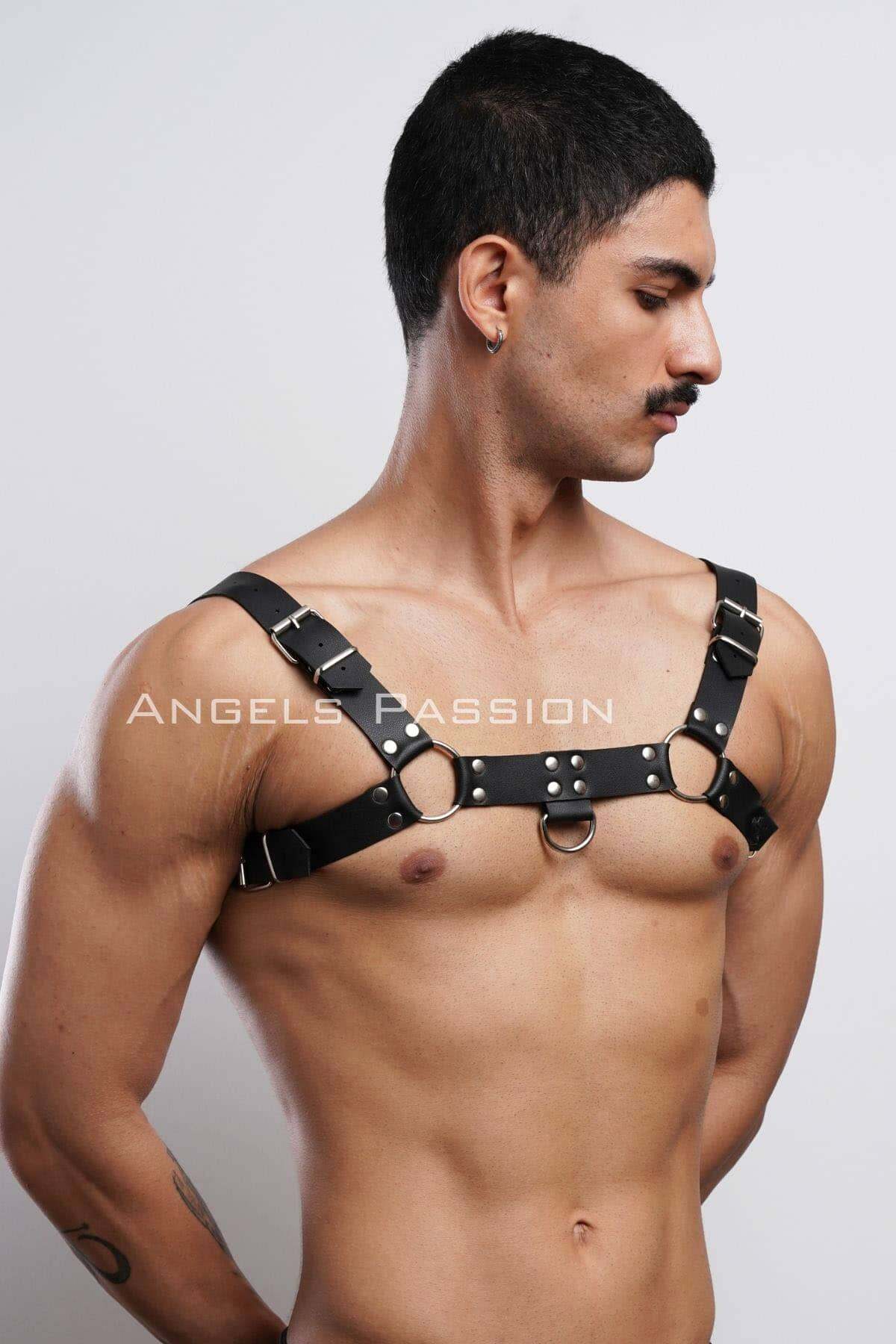 CLZ41 Erkek Bulldog Harness, Deri Göğüs Aksesuar, Deri Erkek Fantazi Giyim - Ürün Rengi:Siyah