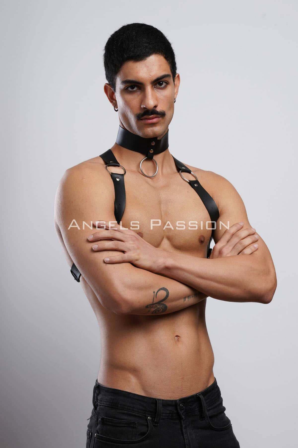 CLZ41 Erkek Choker ve Göğüs Harness, Erkek Parti Giyim - Ürün Rengi:Siyah