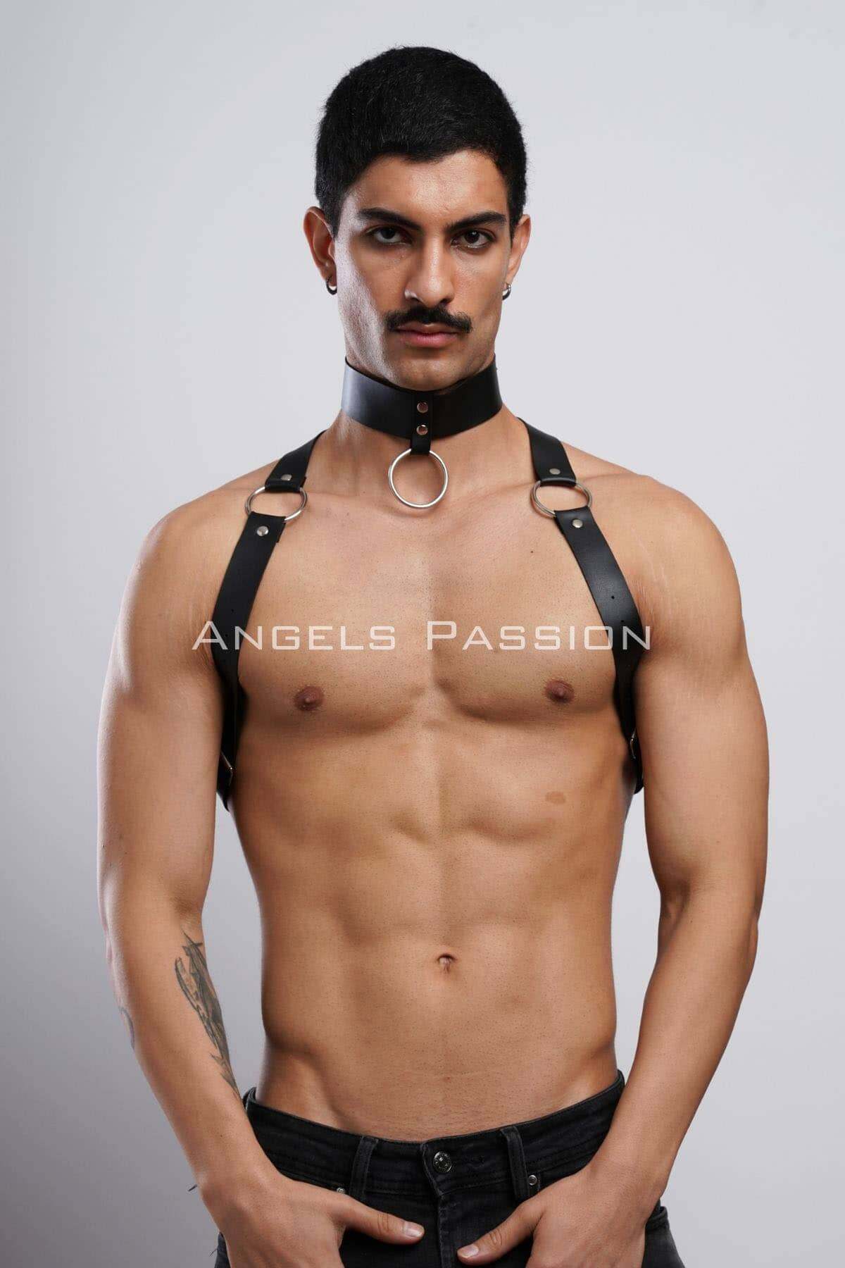 CLZ41 Erkek Choker ve Göğüs Harness, Erkek Parti Giyim - Ürün Rengi:Siyah