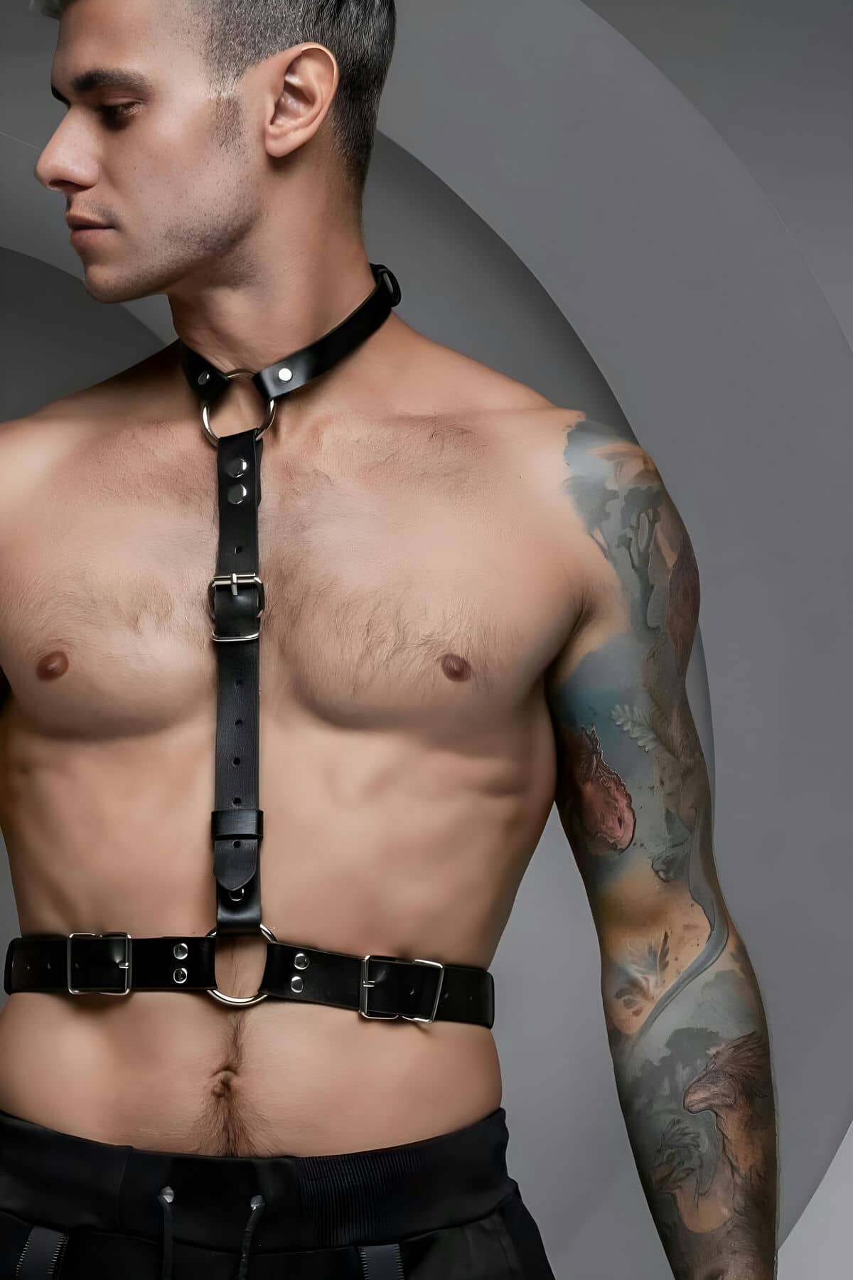 CLZ41 Erkek Deri Boyundan Askılı Bel Kemeri Harness - Ürün Rengi:Siyah