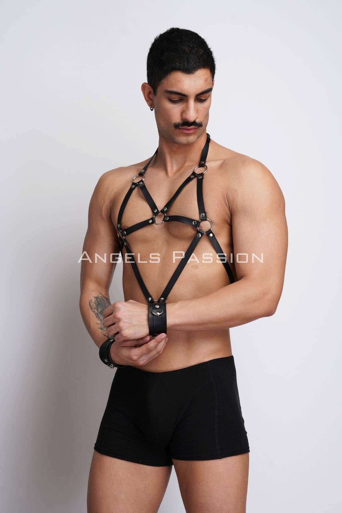 CLZ41 Erkek Deri Göğüs Harness, Erkek Fantazi Giyim, Erkek Parti Giyim - Ürün Rengi:Siyah