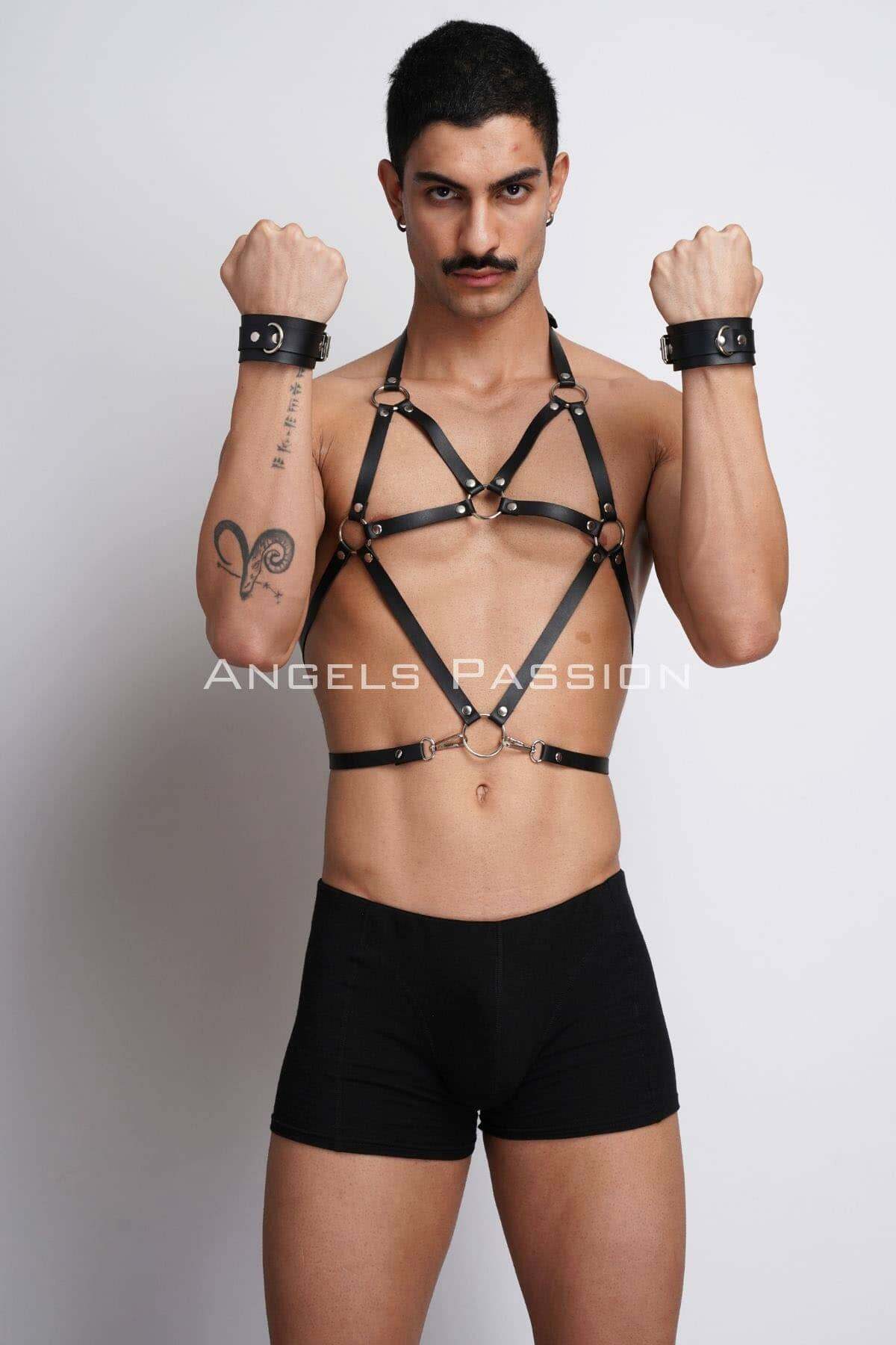 CLZ41 Erkek Deri Göğüs Harness, Erkek Fantazi Giyim, Erkek Parti Giyim - Ürün Rengi:Siyah