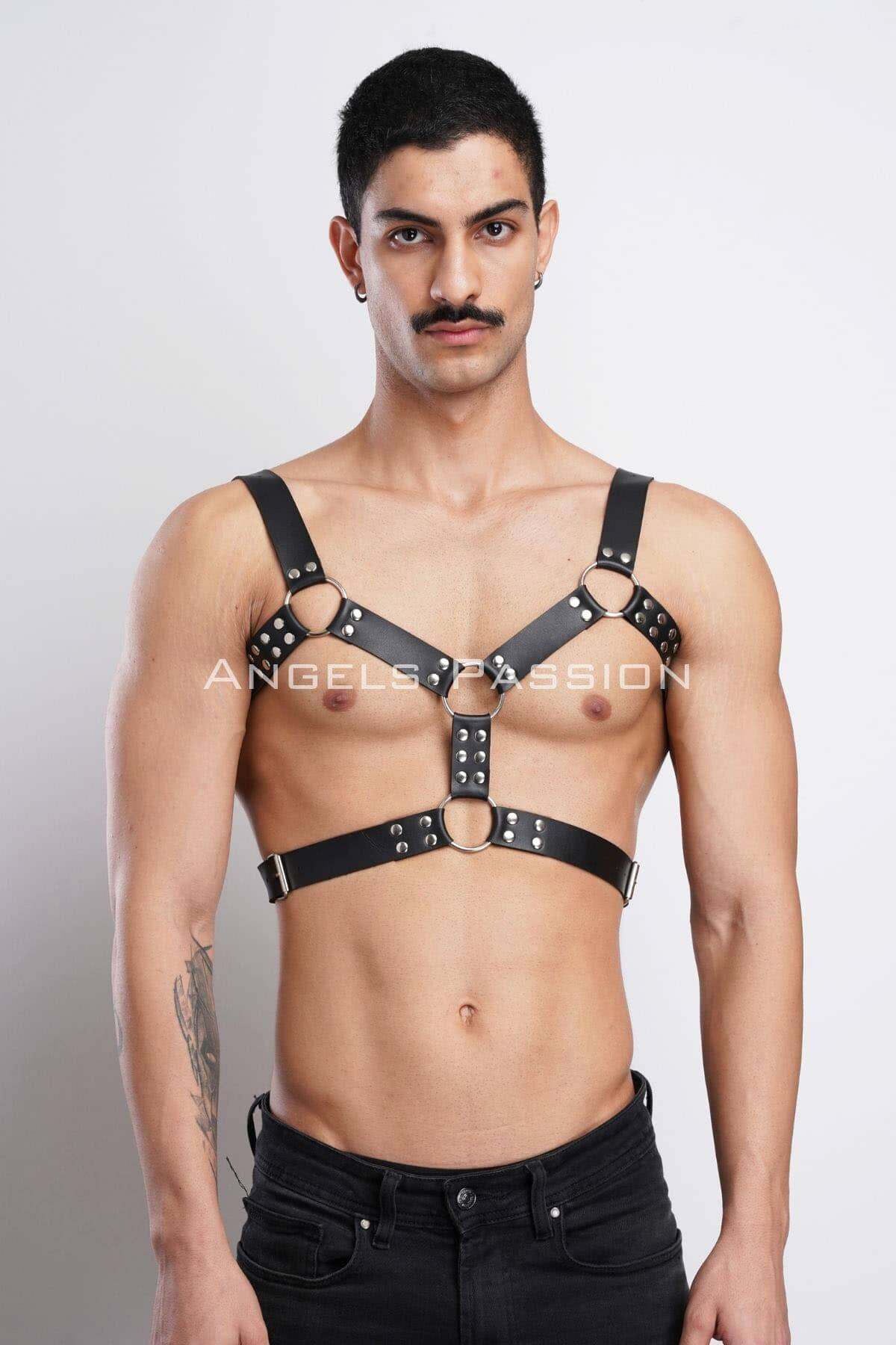 CLZ41 Erkek Deri Göğüs Harness, Erkek Parti Akseuar, Partywear - Ürün Rengi:Siyah
