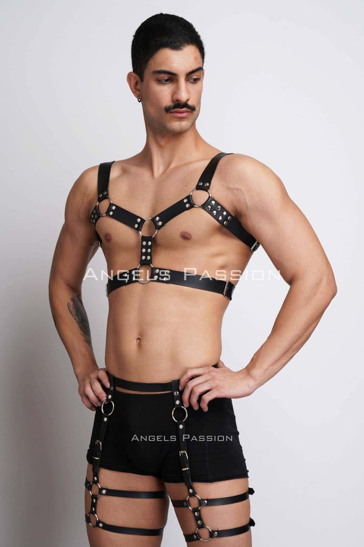 CLZ41 Erkek Deri Göğüs Harness ve Bacak Harness Takım - Ürün Rengi:Siyah