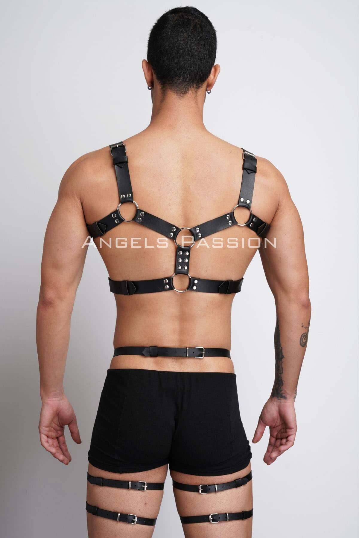 CLZ41 Erkek Deri Göğüs Harness ve Bacak Harness Takım - Ürün Rengi:Siyah