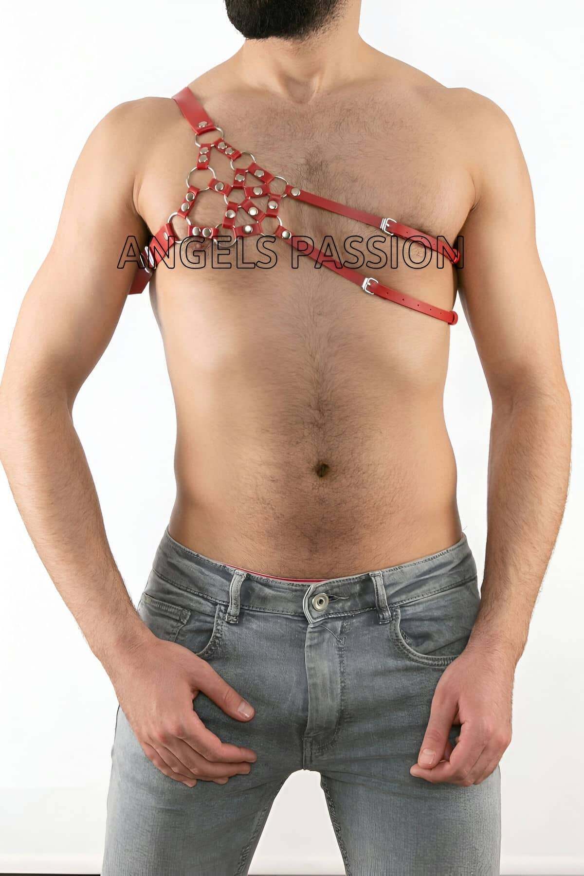 CLZ41 Erkek Deri Omuz Harness, Tek Omuz Harness - Ürün Rengi:Kırmızı