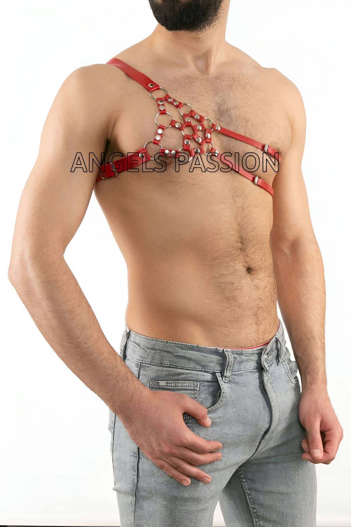 CLZ41 Erkek Deri Omuz Harness, Tek Omuz Harness - Ürün Rengi:Kırmızı