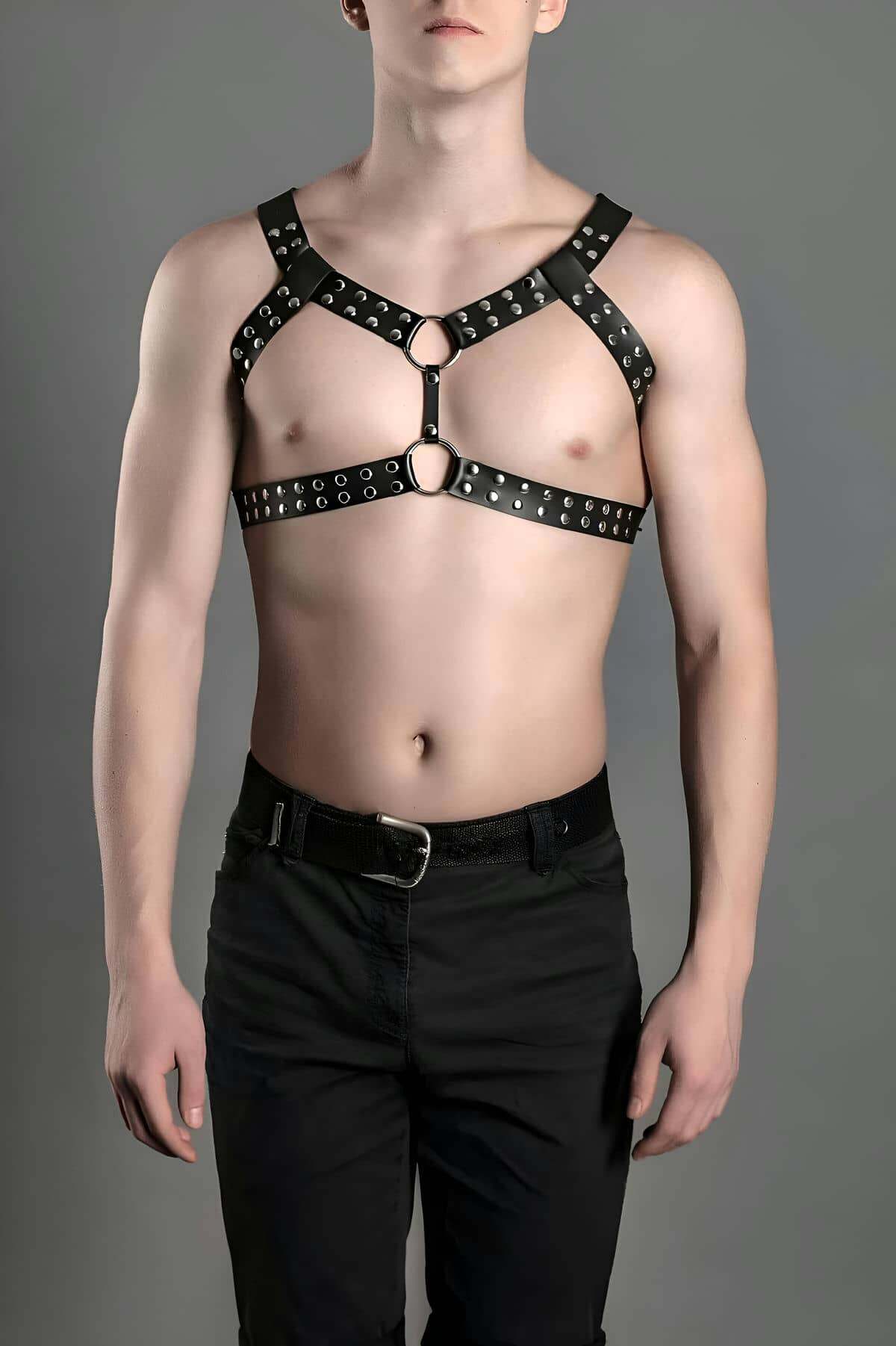CLZ41 Erkek Fantazi Giyim, Deri Erkek Göğüs Kemeri, Şık Deri Aksesuar - Ürün Rengi:Siyah