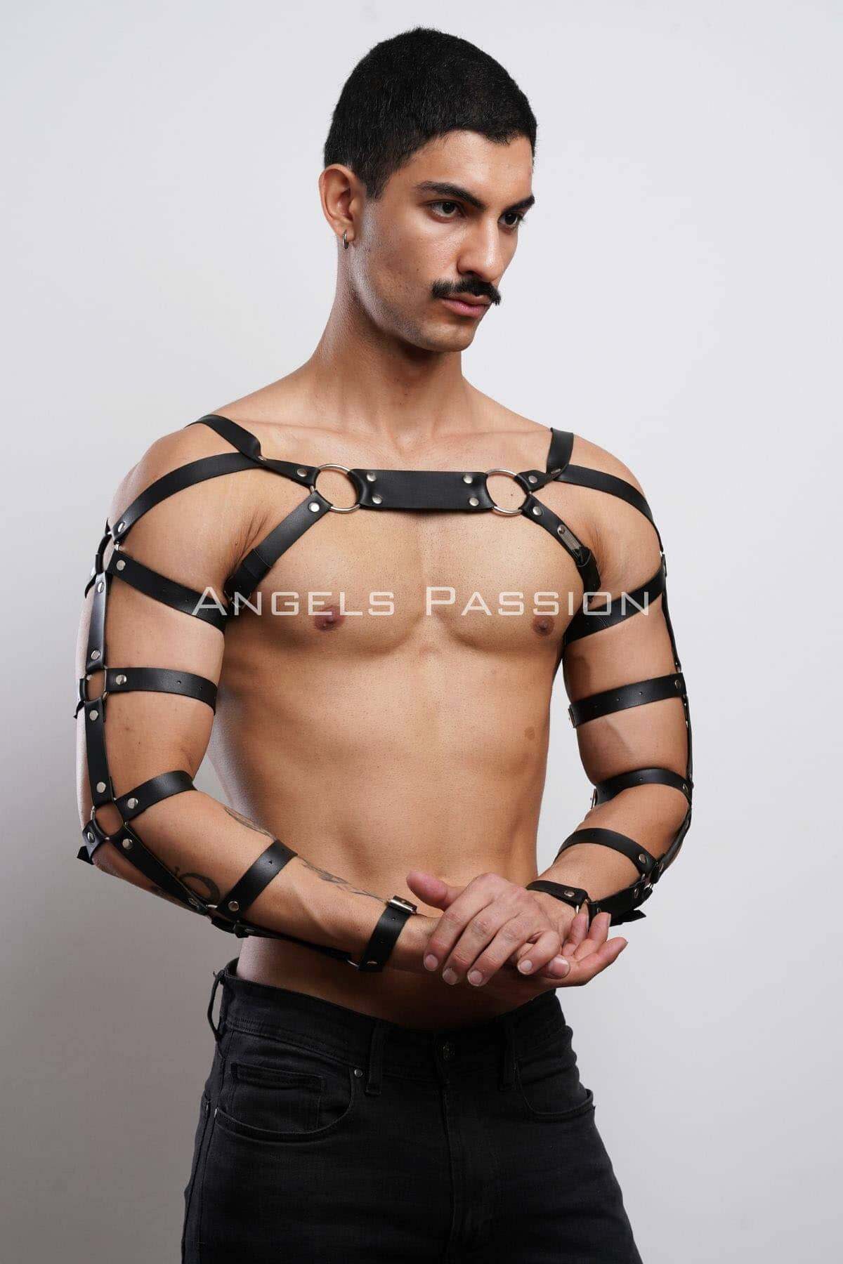 CLZ41 Erkek Fantazi Giyim Deri Kol ve Göğüs Harness - Ürün Rengi:Siyah
