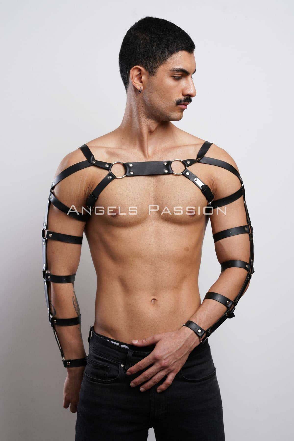 CLZ41 Erkek Fantazi Giyim Deri Kol ve Göğüs Harness - Ürün Rengi:Siyah