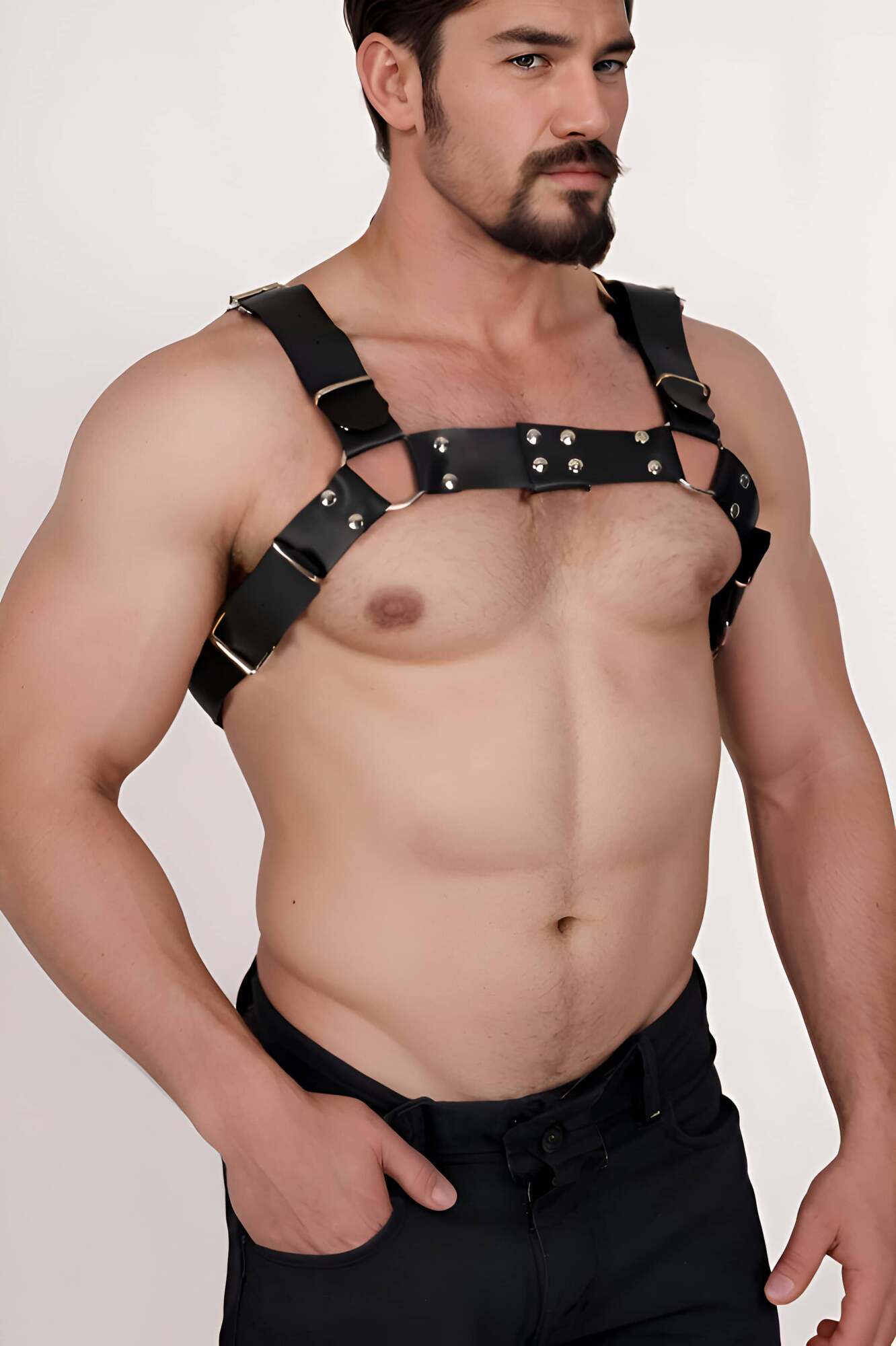 CLZ41 Erkek Göğüs Harness, Deri Erkek Fantazi Giyim, Erkek Clubwear - Ürün Rengi:Siyah