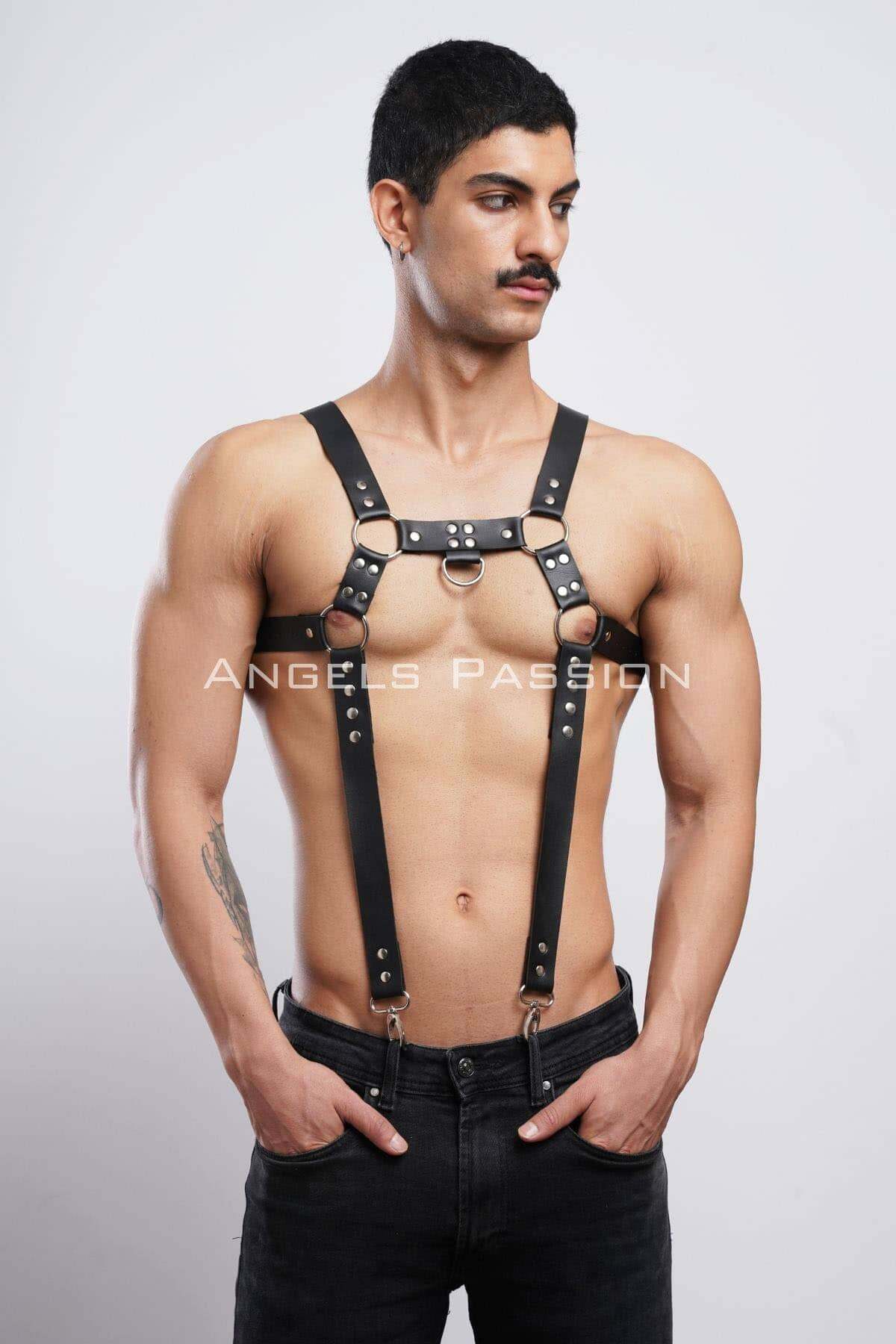 CLZ41 Erkek Göğüs Harness, Erkek Deri Pantolon Askısı, Erkek Clubwear - Ürün Rengi:Siyah