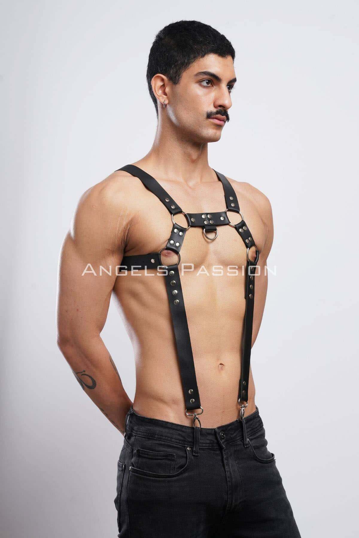 CLZ41 Erkek Göğüs Harness, Erkek Deri Pantolon Askısı, Erkek Clubwear - Ürün Rengi:Siyah
