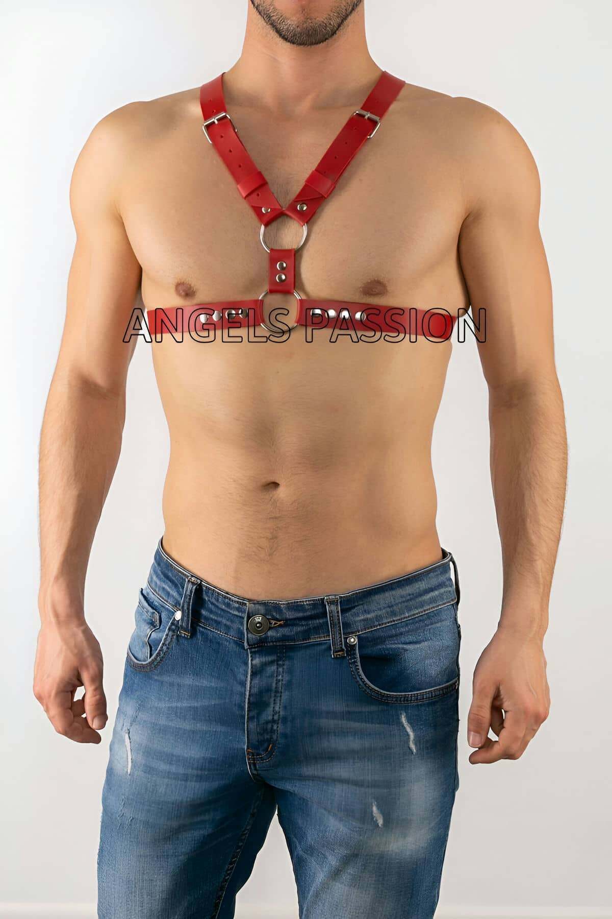CLZ41 Erkek Göğüs Üzeri Deri Aksesuar, Fantazi Erkek İç Giyim - Ürün Rengi:Kırmızı
