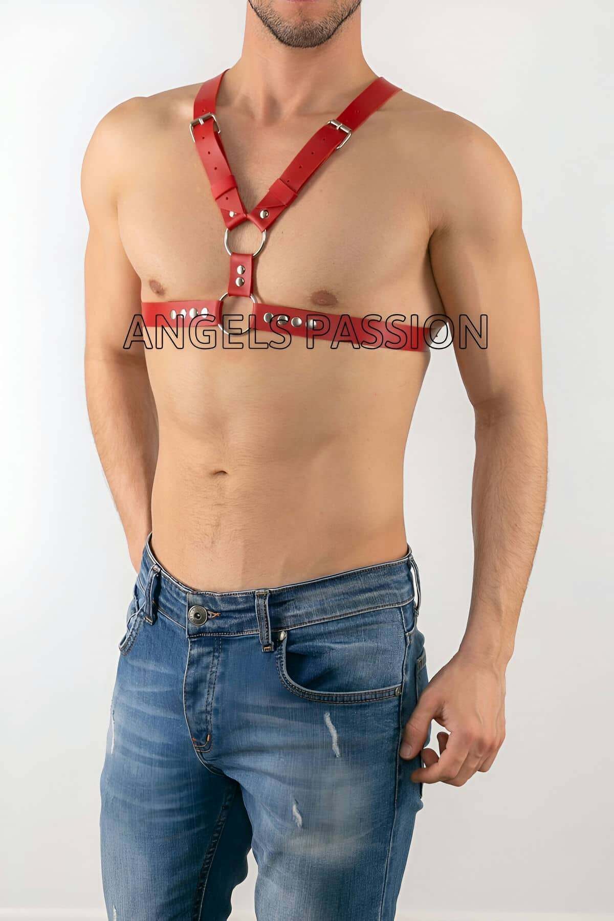 CLZ41 Erkek Göğüs Üzeri Deri Aksesuar, Fantazi Erkek İç Giyim - Ürün Rengi:Kırmızı