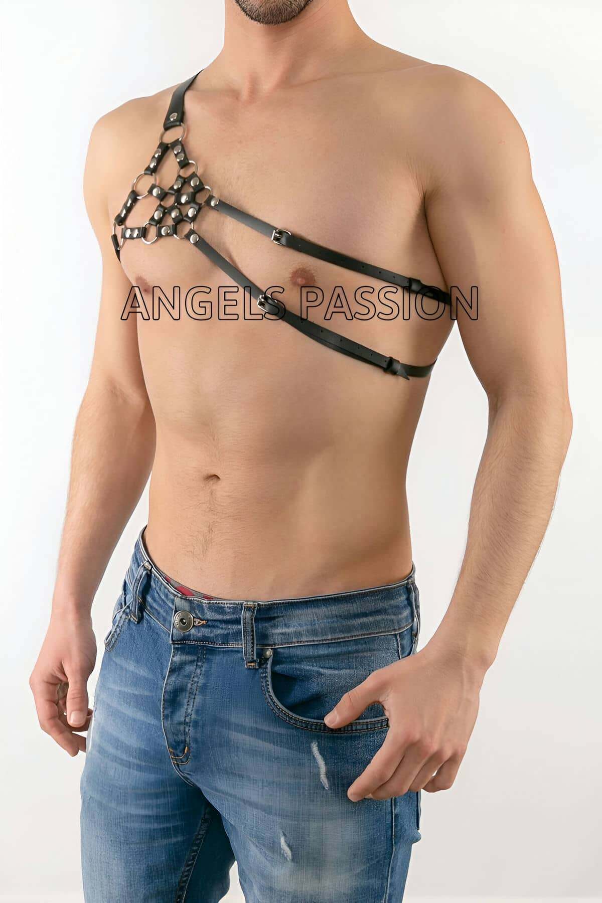 CLZ41 Erkek Tek Omuz Deri HarnessErkek Fantazi İç GiyimErkek Deri Erotik İç Giyim - Ürün Rengi:Siyah