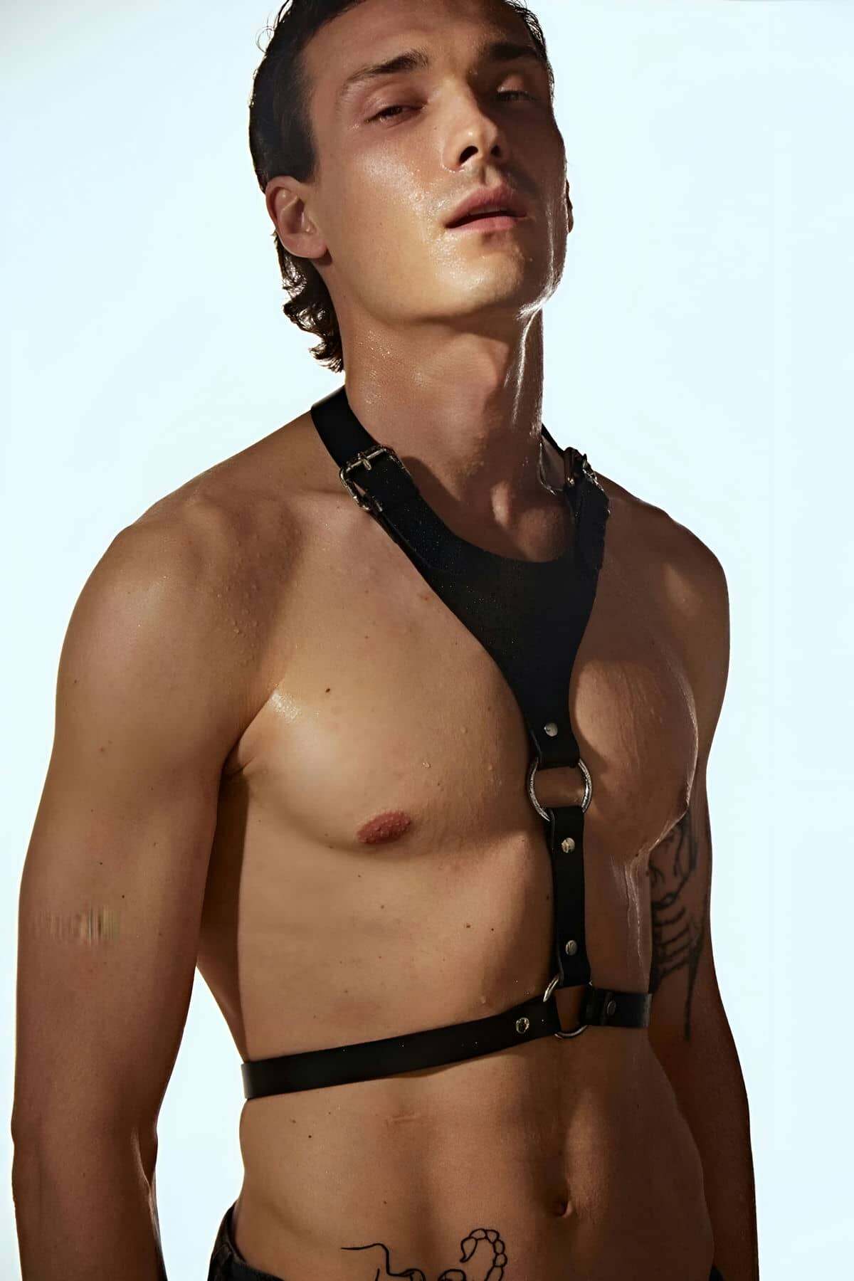 CLZ41 Erkek V Göğüs Harness, Şık Gömlek Aksesuar - Ürün Rengi:Siyah