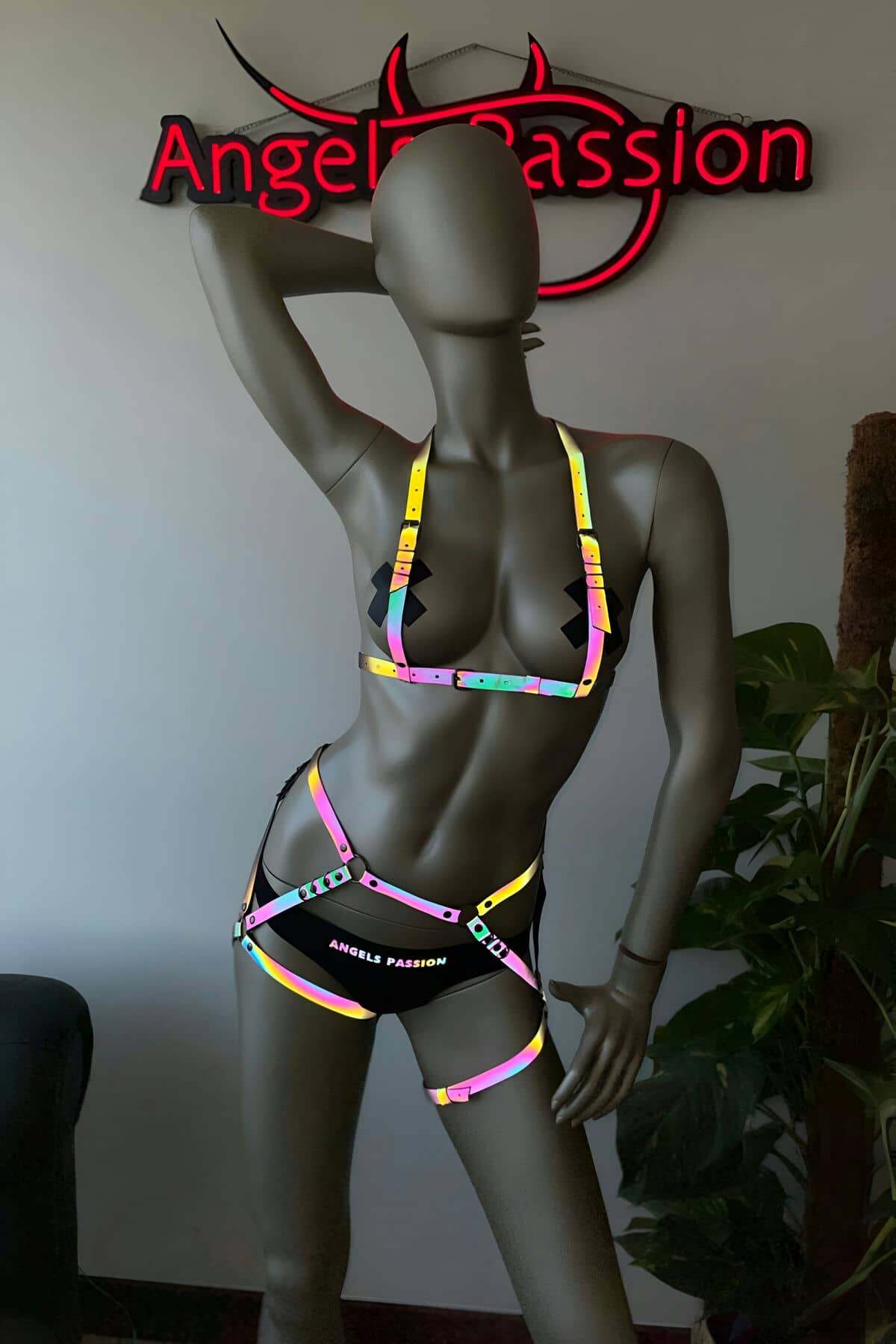 CLZ41 Erotik Giyim Reflektörlü Harness Takım - Ürün Rengi:Rainbow Reflektör