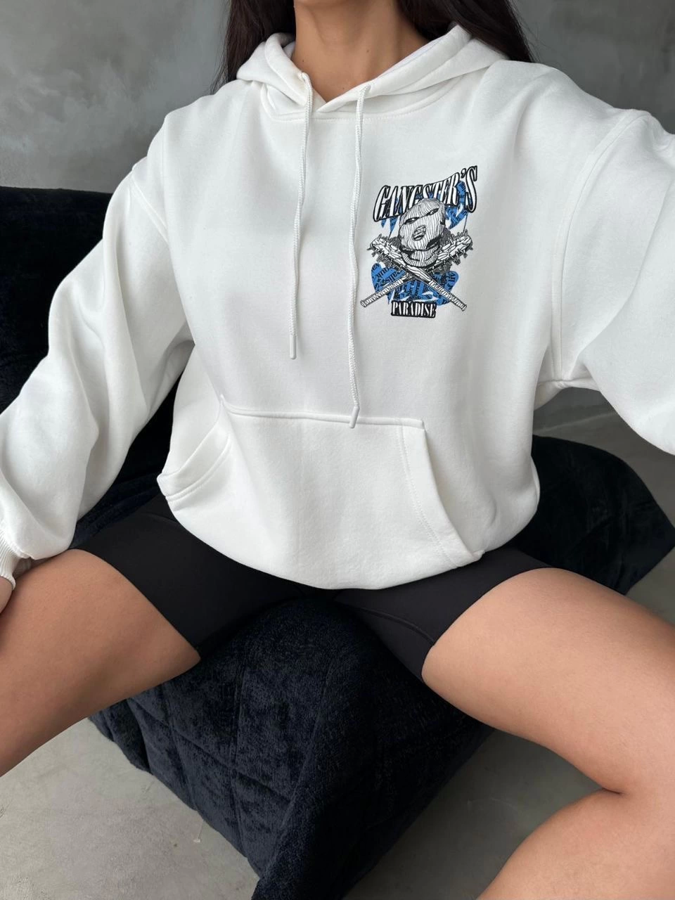 3 iplik şardonlu oversize kafa baskılı sweat beyaz