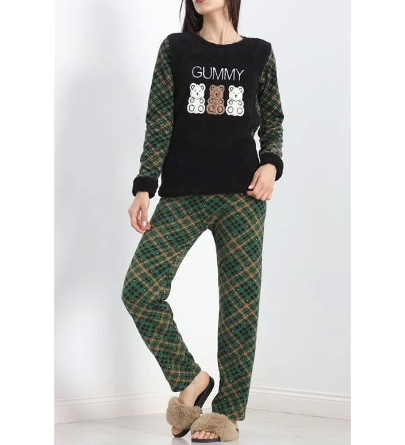 Üç ayıcıklı polar pijama takımı yeşil