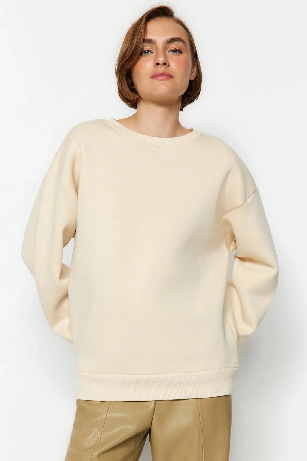 3 iplik şardonlu bisiklet yaka sweatshirt bej
