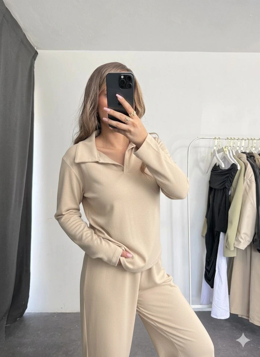 Polo yaka alt üst kollu modal takım bej pt Polo yaka alt üst kollu modal takım bej pt