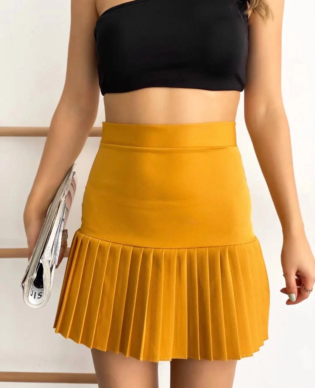 Altı pliseli mini etek hardal s24705 Altı pliseli mini etek hardal s24705
