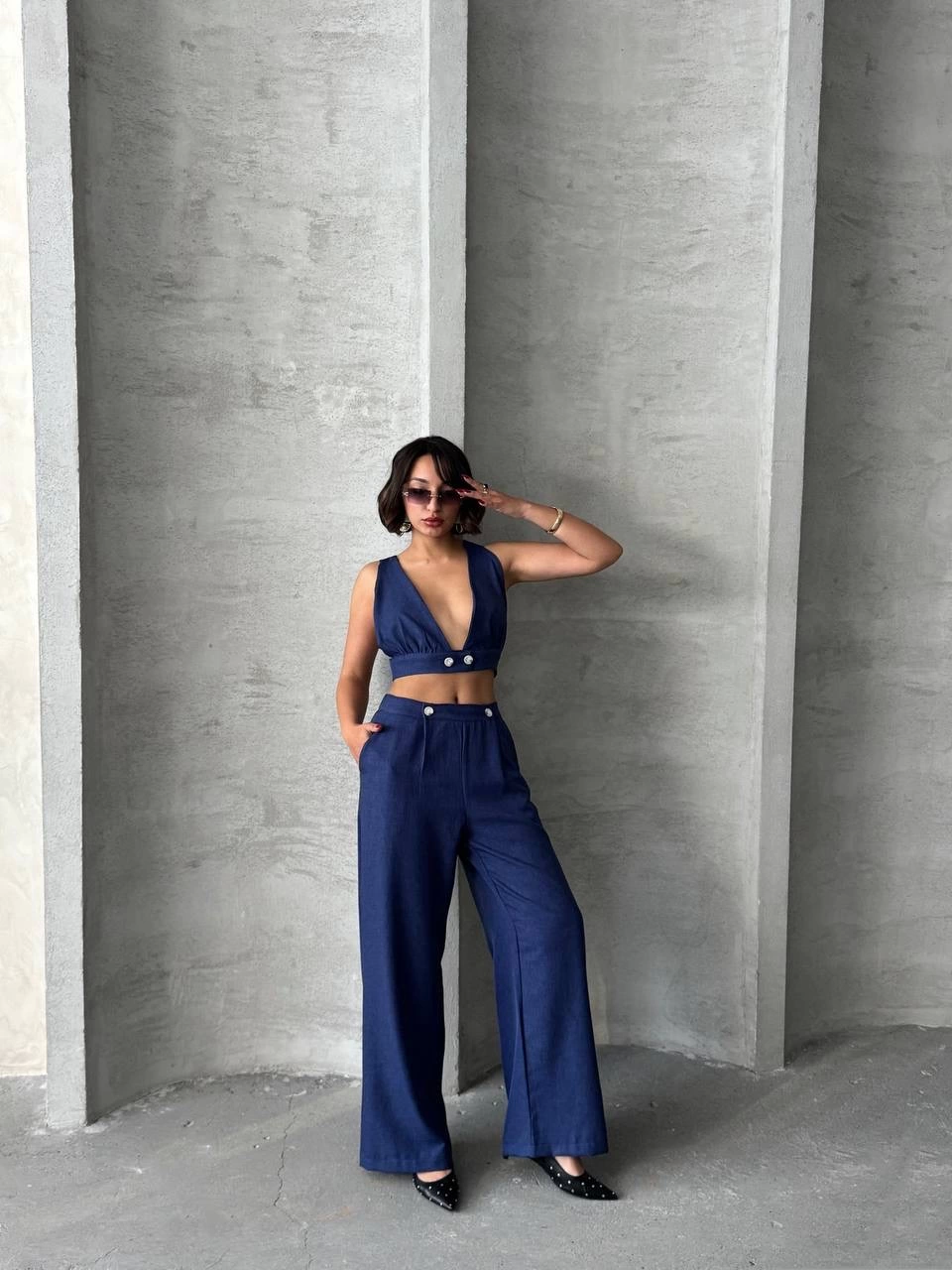 Crop pantolon keten takım s255012