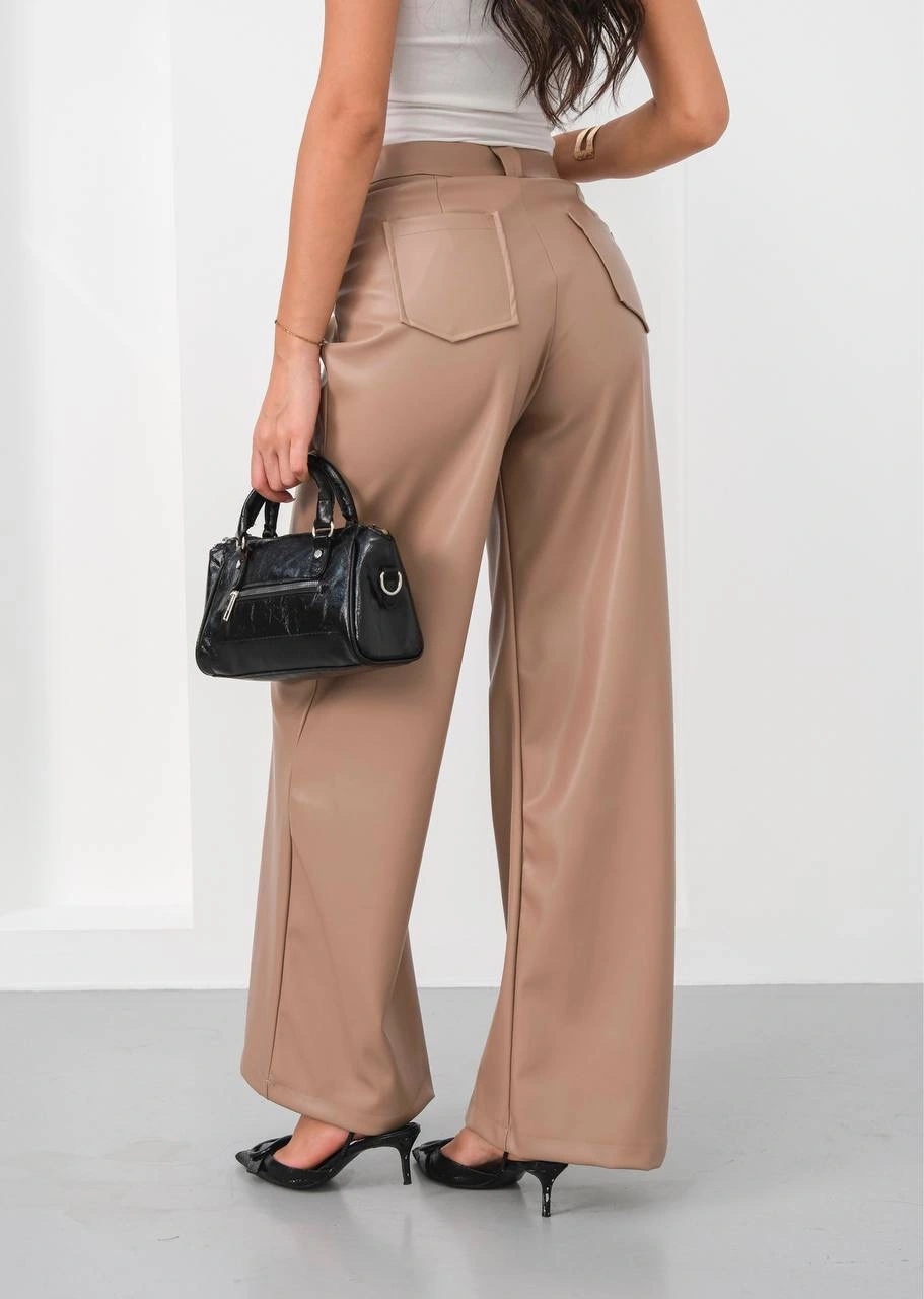 Deri geniş paça beli lastikli pantolon bej h263644 Deri geniş paça beli lastikli pantolon bej h263644