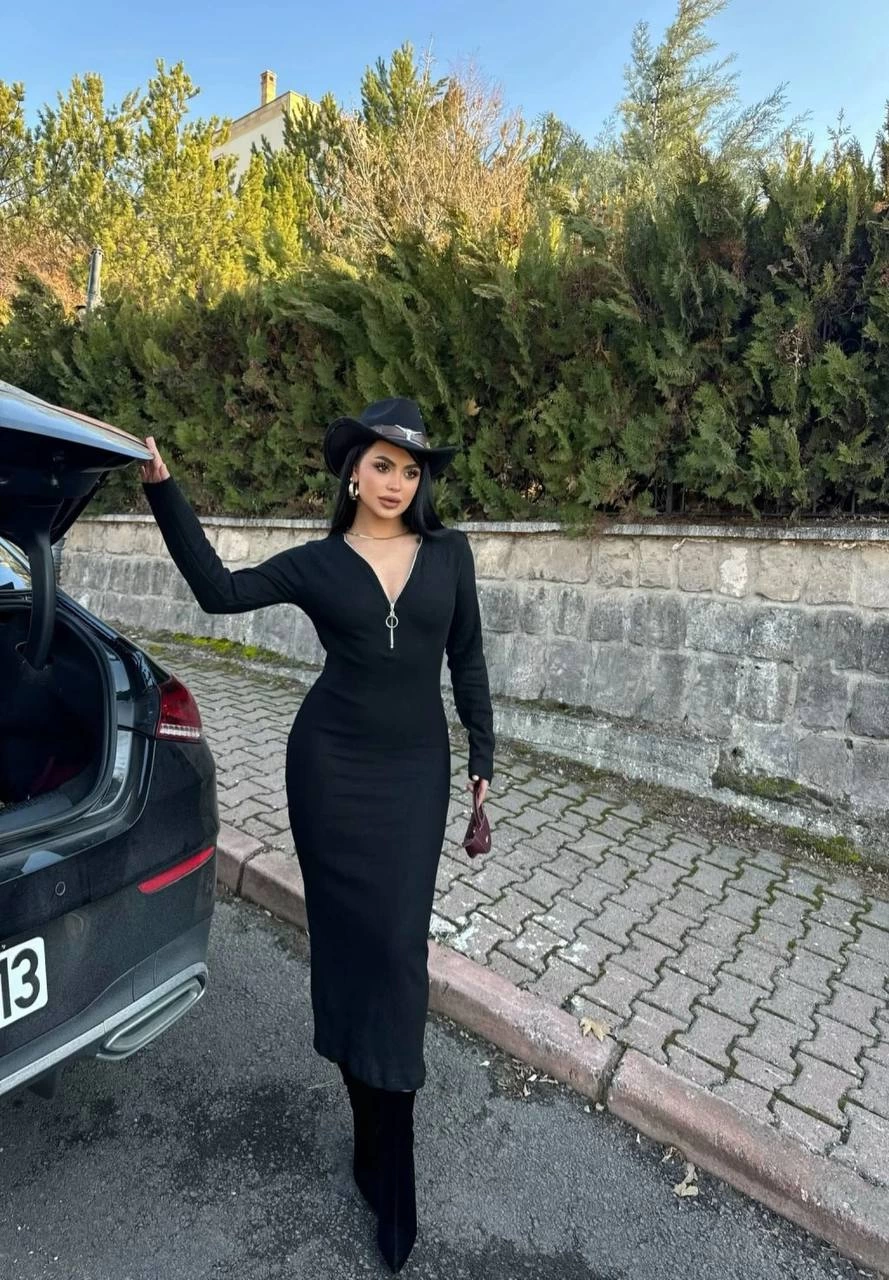 Fermuar detaylı fitilli şardonlu elbise siyah Fermuar detaylı fitilli şardonlu elbise siyah