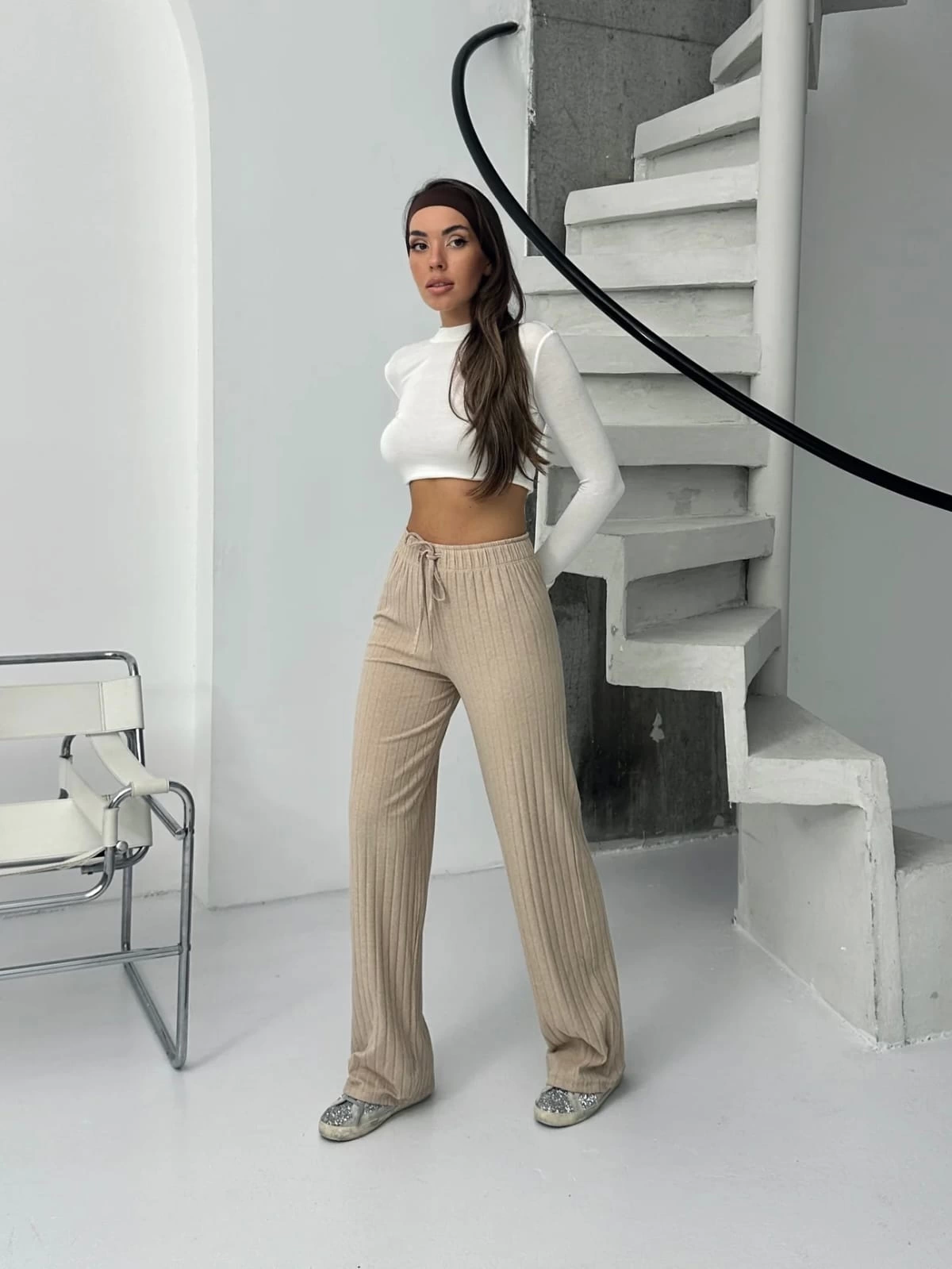 Fitilli şardonlu pantolon bej