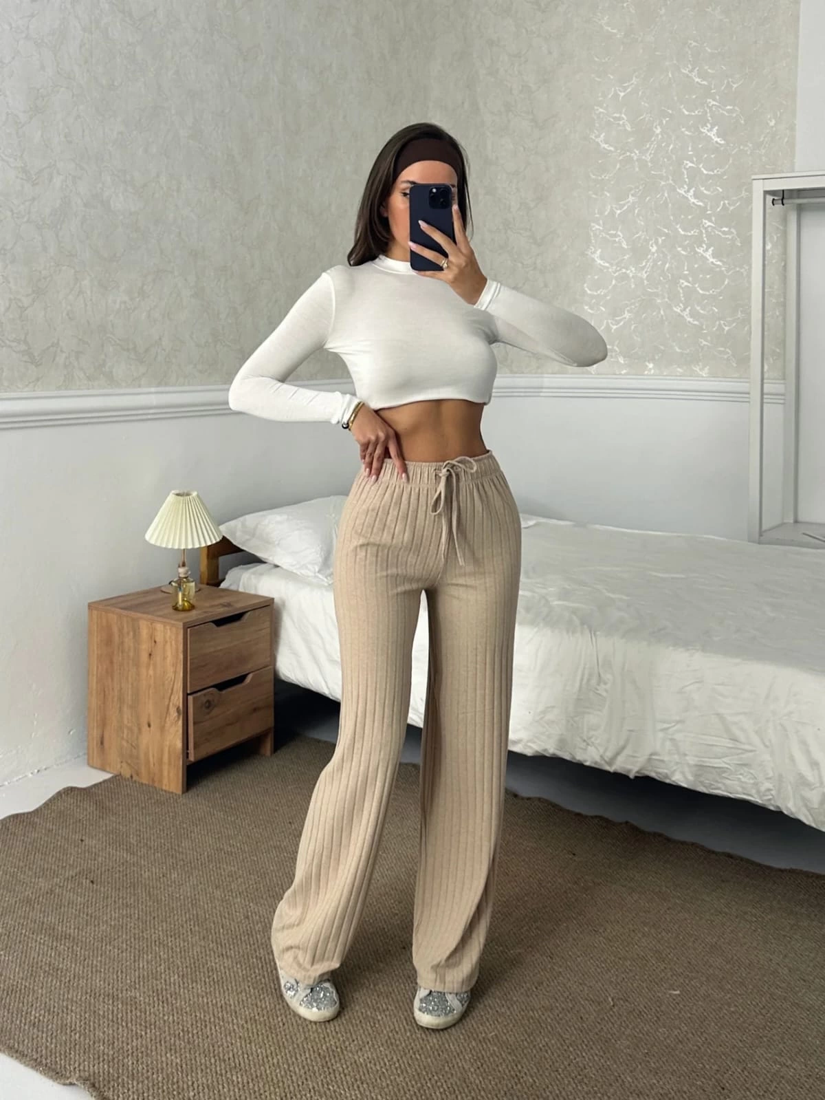 Fitilli şardonlu pantolon bej