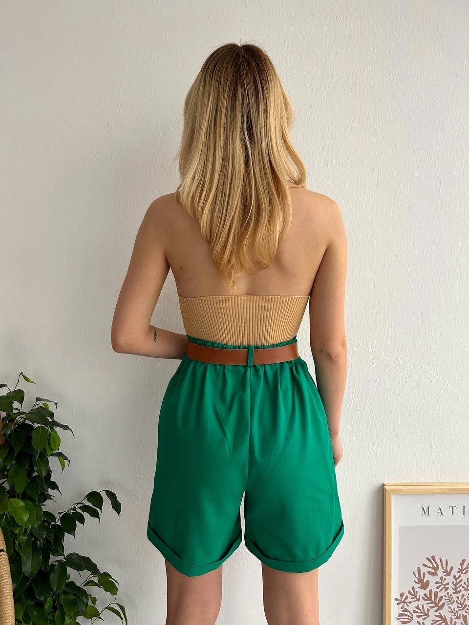 Kemerli gabardin şort yeşil s25735