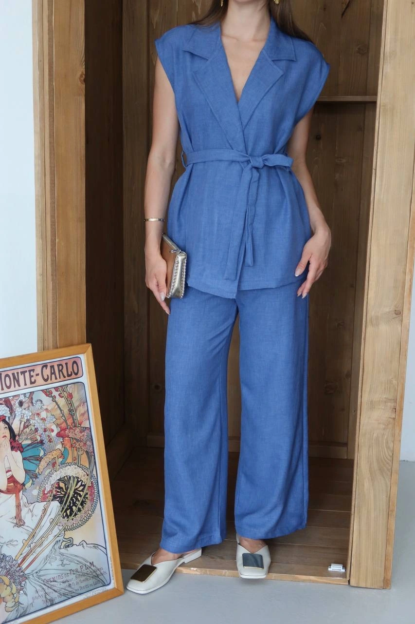 Keten yelek pantolon takım indigo pt Keten yelek pantolon takım indigo pt
