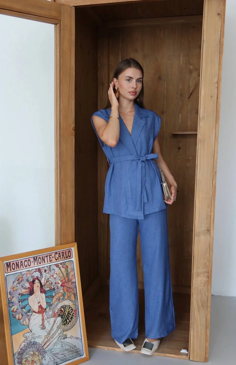 Keten yelek pantolon takım indigo pt Keten yelek pantolon takım indigo pt