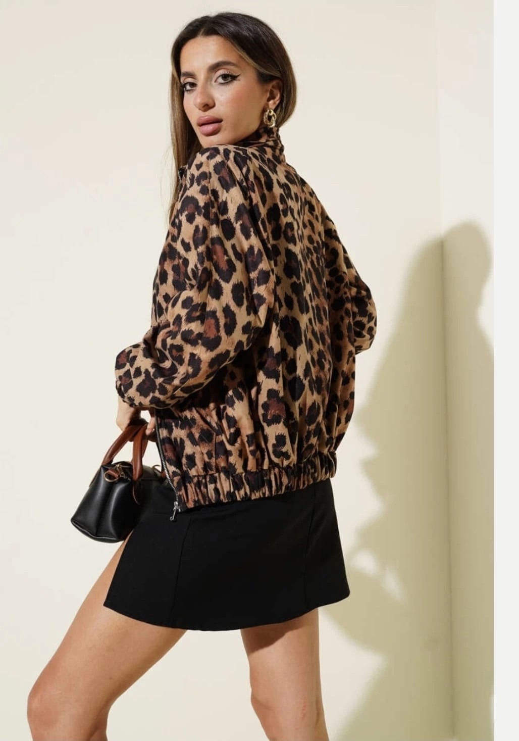 Leopar desenli astarlı ceket siyah