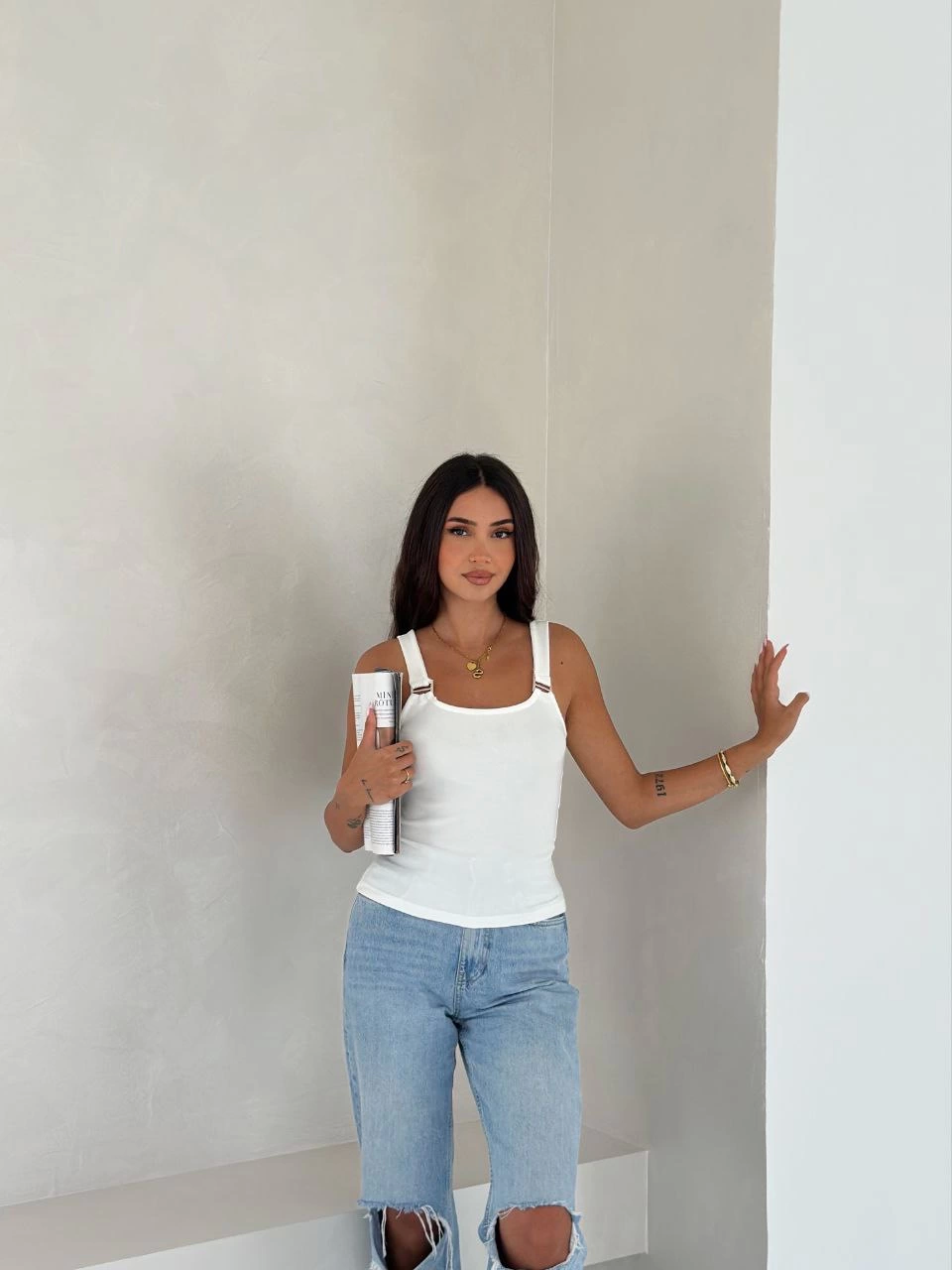 Ottoman toka askılı bluz beyaz s4194