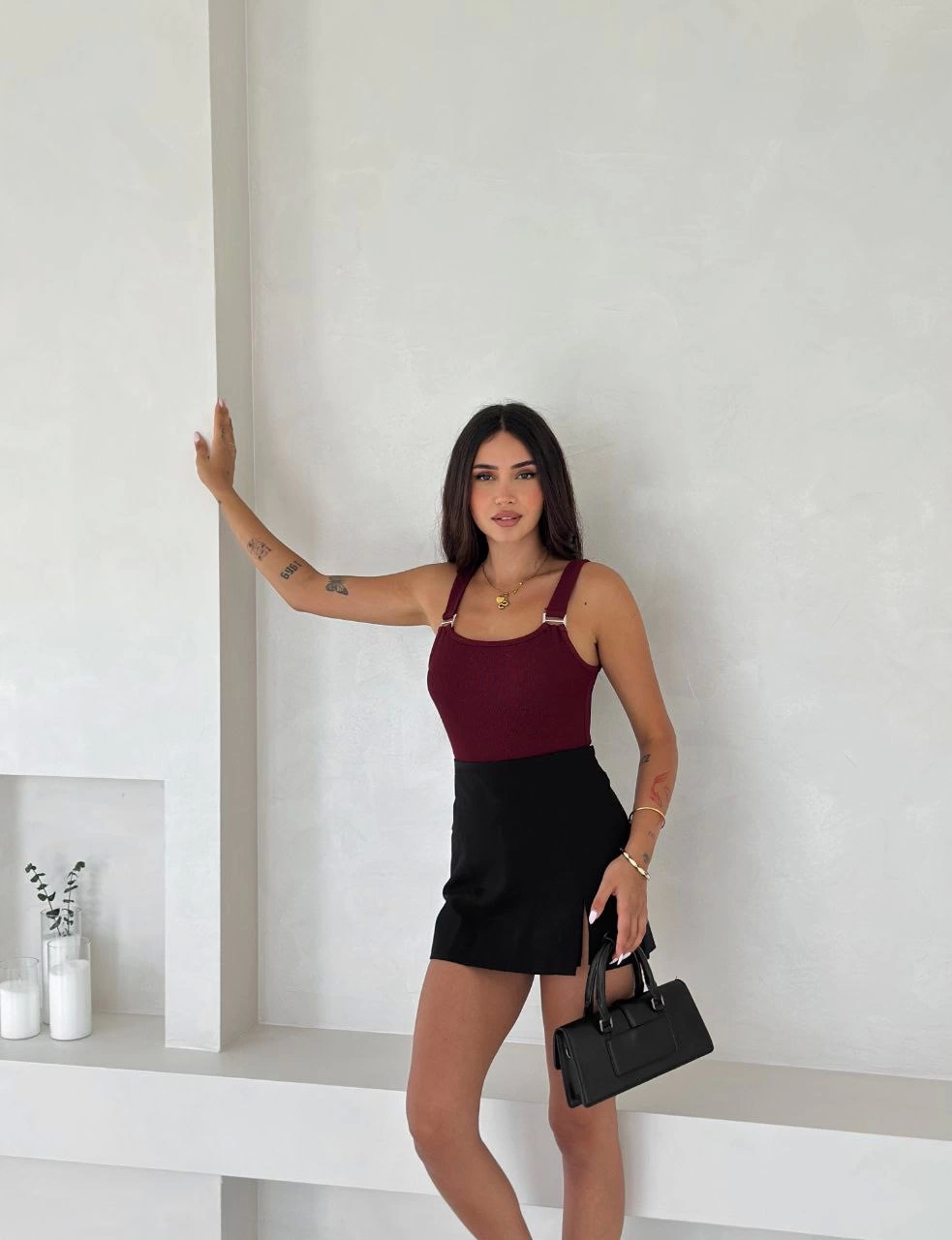 Ottoman toka askılı bluz bordo s4194