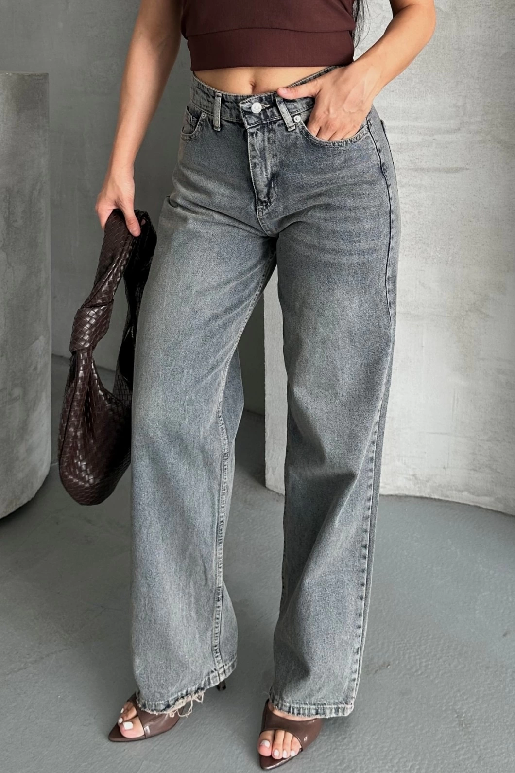 Palazzo bıyık kar yıkama buz mavi jeans pantolon Palazzo bıyık kar yıkama buz mavi jeans pantolon