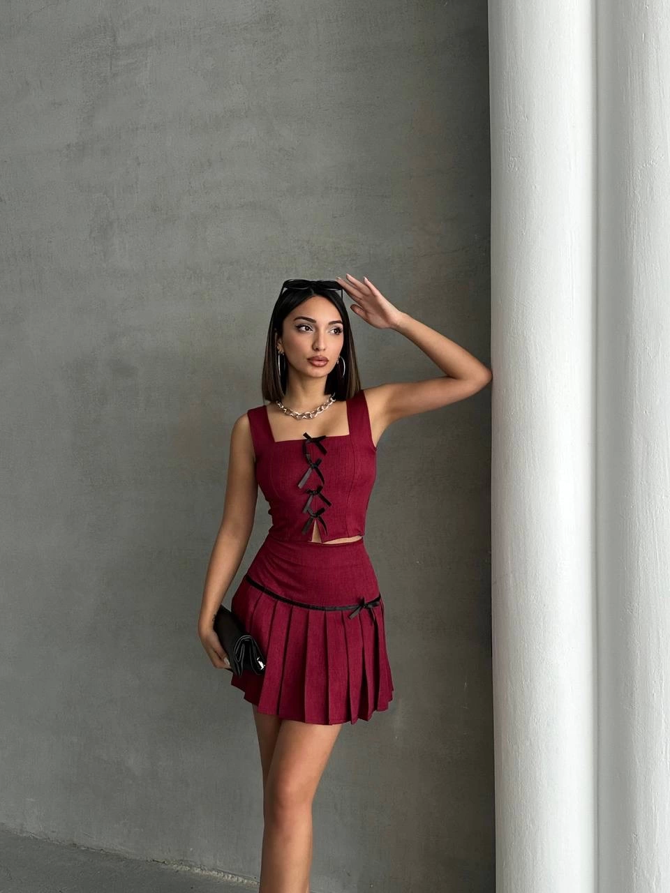 Pileli etek yelek takım bordo s255015 Pileli etek yelek takım bordo s255015