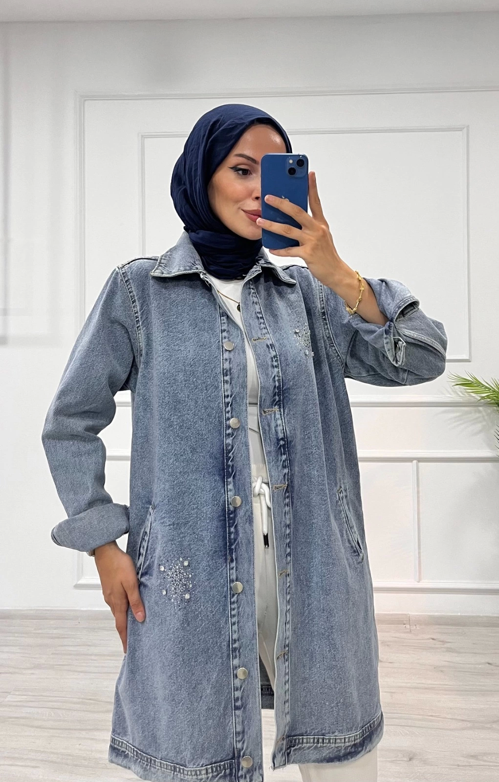 Taşlı tunik ceket kar yıkamalı mavi Taşlı tunik ceket kar yıkamalı mavi